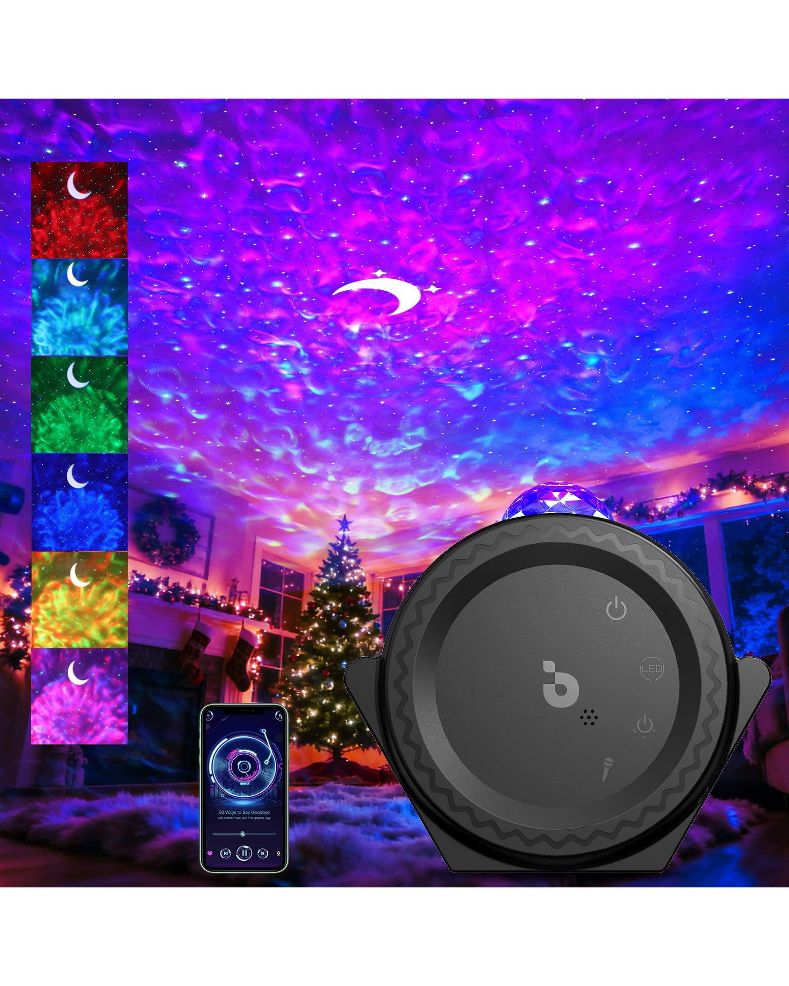 Proyector de Galaxias, 3-en-1 con Luna, Estrellas y Olas, 3 Efectos de Proyección y 3 Ángulos Ajustables, Control por Voz, Batería 2200mAh, Para Decoración de Habitación, Fiestas y Exteriores (Negro)