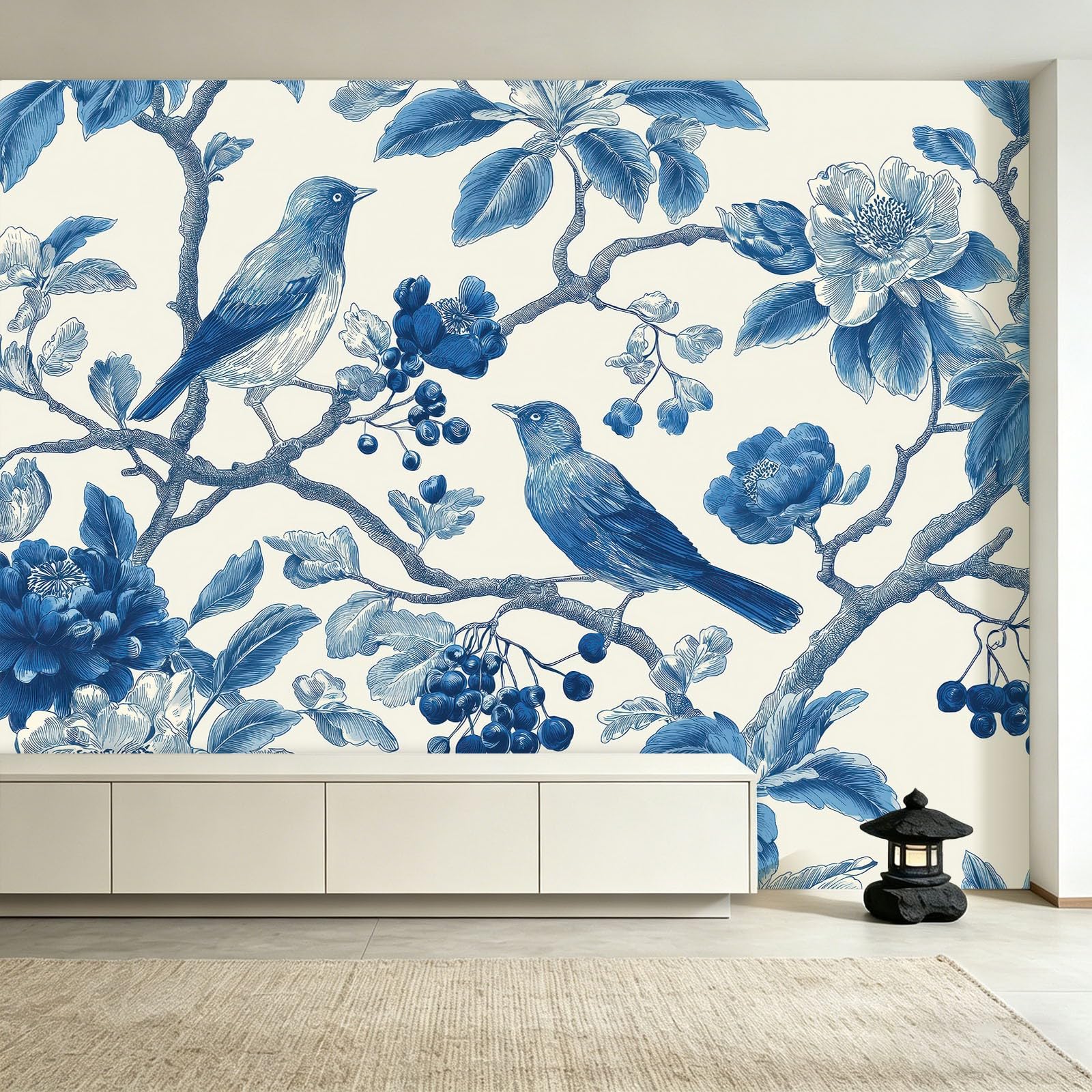 Fototapete Premium - Vlies Florale Tiere 350 x 256 cm (BxH) für Wohnzimmer Schlafzimmer Flur - Vliestapete Motivtapeten Bildtapete Foto Blumen Beeren Zweige