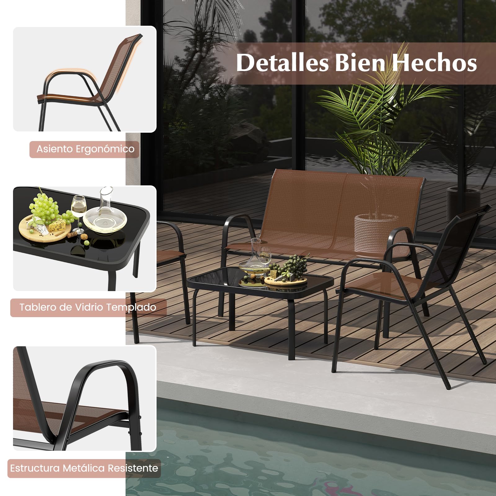 COSTWAY Conjunto Jardin Exterior de 4 Piezas, Mesa de Café de Cristal Templado, Banco y 2 Sillas Individuales, Tela Textilene, Mesa y Sillas, Muebles Jardin Terraza Balcon Exterior (marrón)