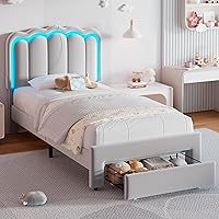 Vista 11 de Marco de cama LED tapizado individual con cajón de almacenamiento y cabecera doble ondulada ajustable, cama de plataforma de terciopelo