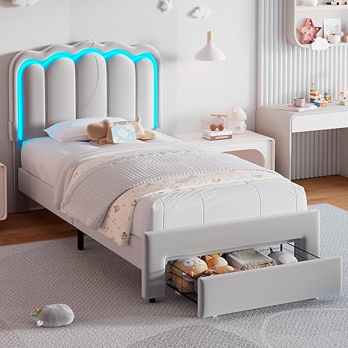 Miniatura 9 de Base de cama LED tapizada tamaño Queen con 2 cajones de almacenamiento y cabecera doble ondulada ajustable, cama de plataforma de princesa de