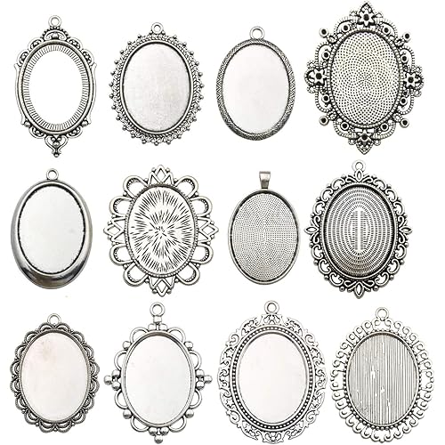 Youdiyla 10 Pendant Trays, 30x40mm, Blank Oval Cabochons Base Setting Bezel Frame Metal Cameo for Photo Pendant Jewelry Making (Antique Silver-HM278)