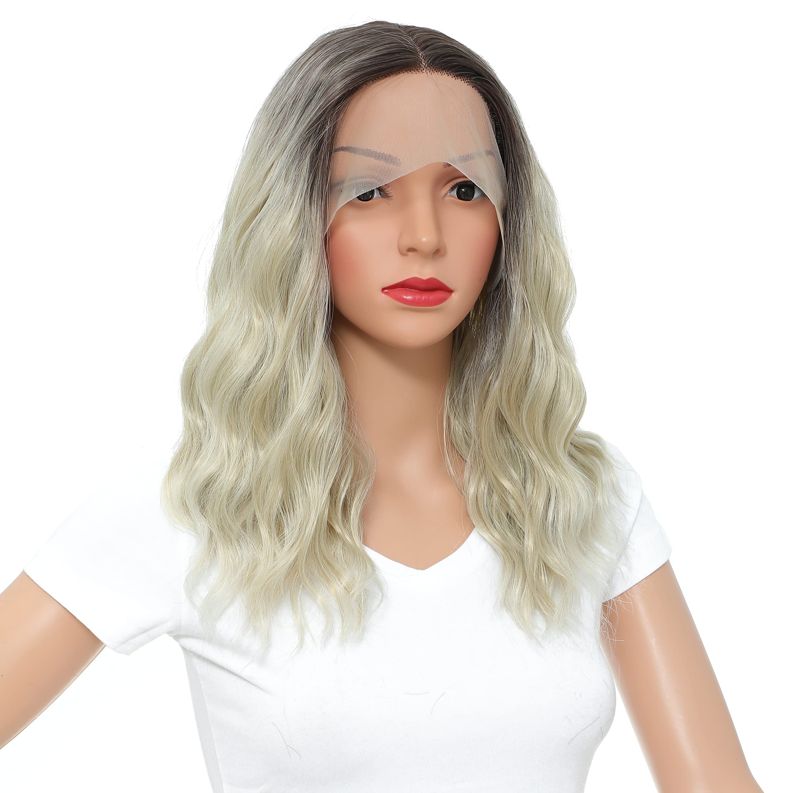 SWACC Shoulder Length Curly Wavy Colored Glueless Lace Front Wigs for Women Middle Part Natural Wave Heat Resistant Synthetic Hair Replacement Wig (Brown Root Blonde Ombre)