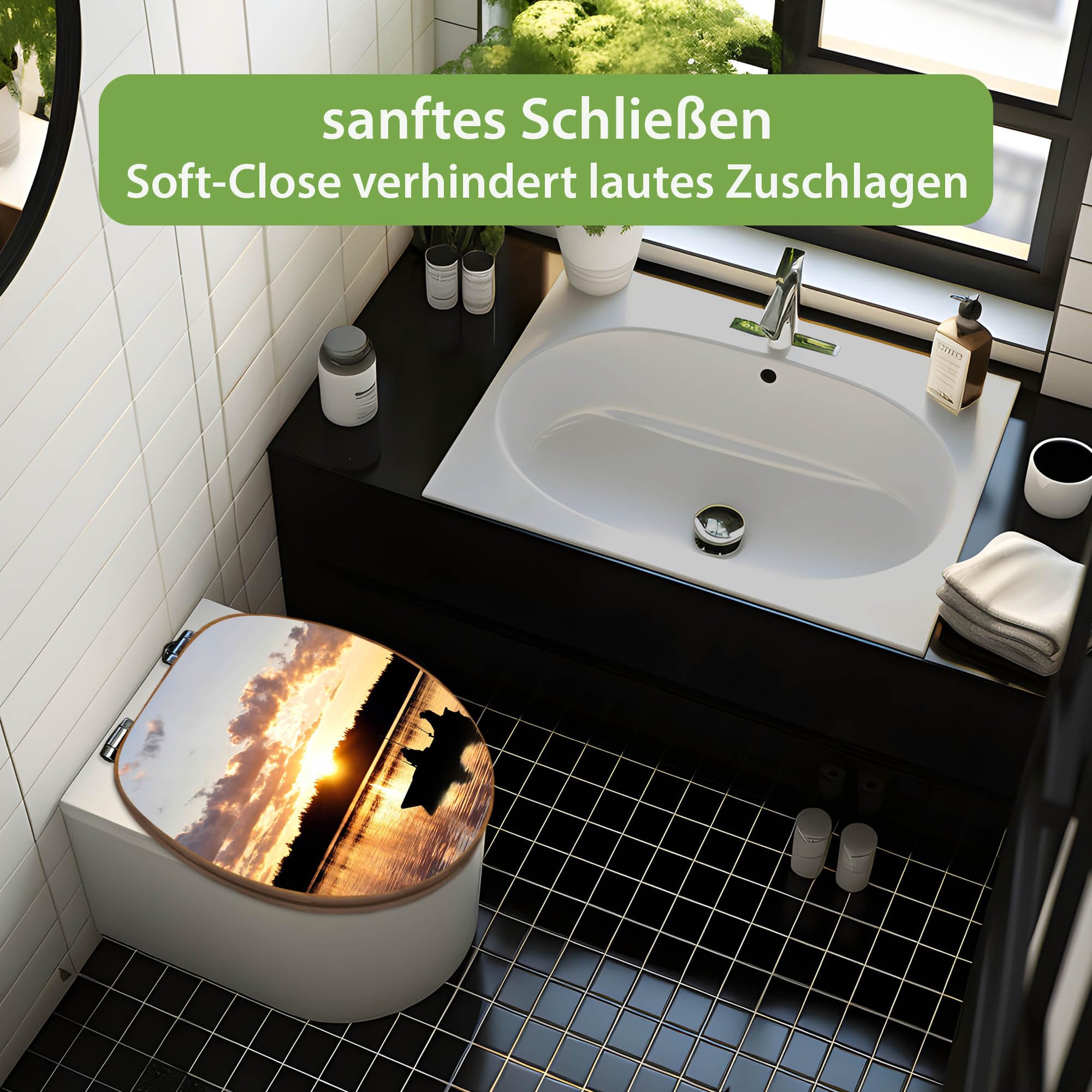 banjado Design WC Sitz Bambus Absenkautomatik 45,8x37,5cm - Toilettendeckel mit Absenkautomatik Holz - hochwertiger Bambus Klodeckel - WC-Sitz für gängigen Toiletten - Motiv Angler