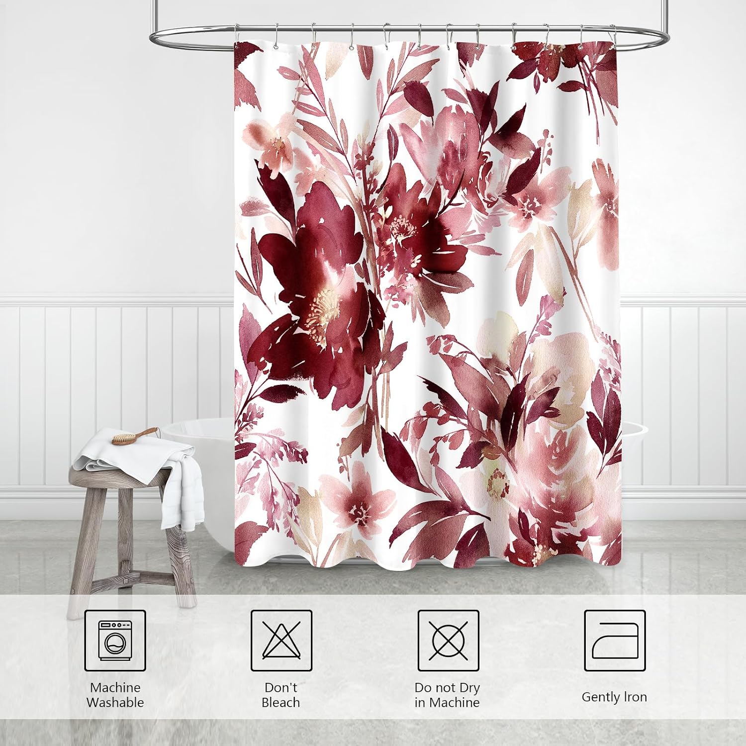 MAYZUS Burgundy Red Watercolor Floral Shower Curtains for Bathroom, 72x72