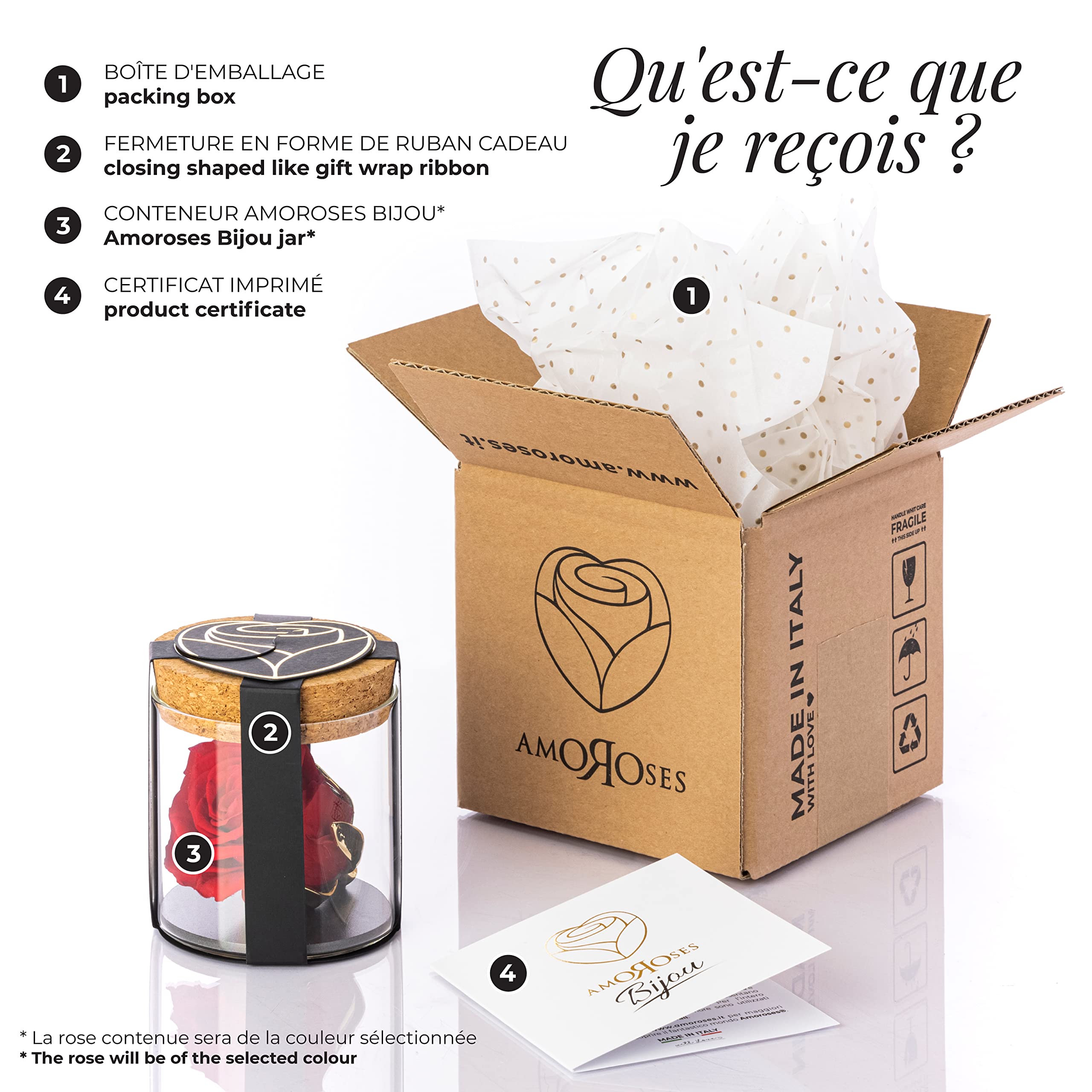Amoroses Bijou - Rose éternelle stabilisée avec Calice plaqué Or 24K dans Un conteneur en Verre | Idée Cadeau