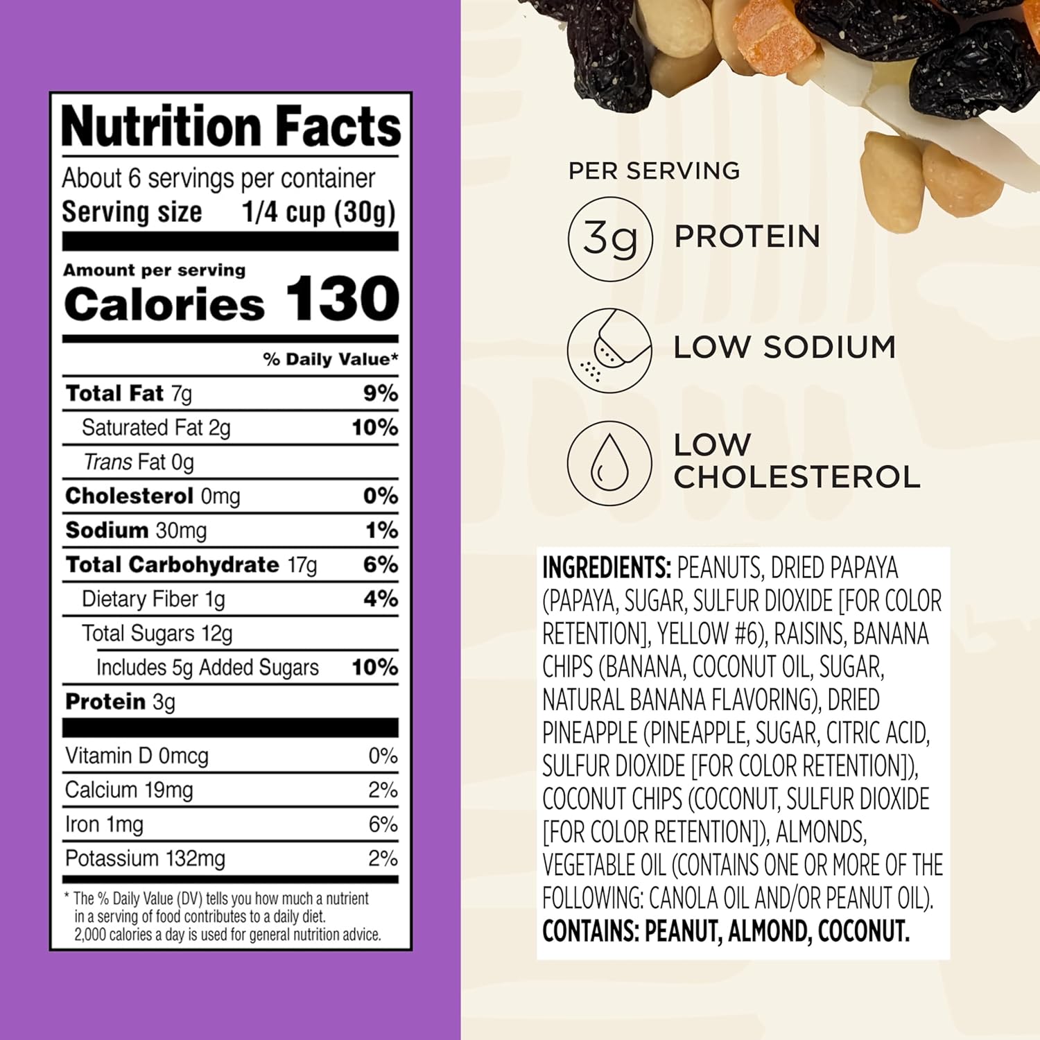 Snak Club Tropical Trail Mix with Peanuts, Dried Papaya, Raisins, Banana Chips, Dried Pineapple, Coconut Chips, and Almonds, Gluten-Free and Kosher Snack, 6.75 oz Resealable Bags, 6 Pack