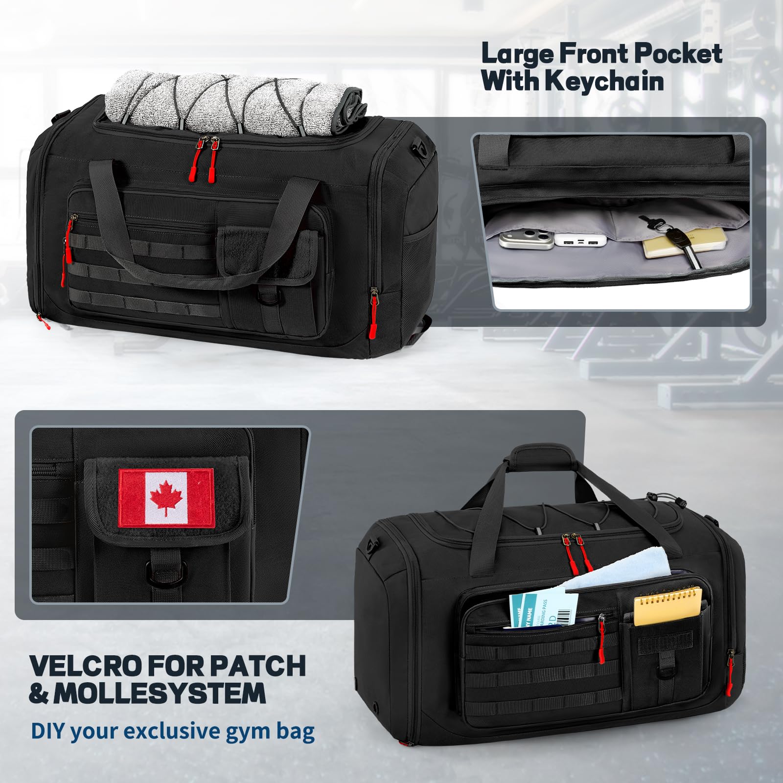 Rainsmore Gym Bags for Men with Shoe Compartment and Wet Pocket, Durable Duffle Bag for Men 40L Carry On Large Capacity Sac De Sport Travel Bag for Camping Training Swimming Sports,Black - 5