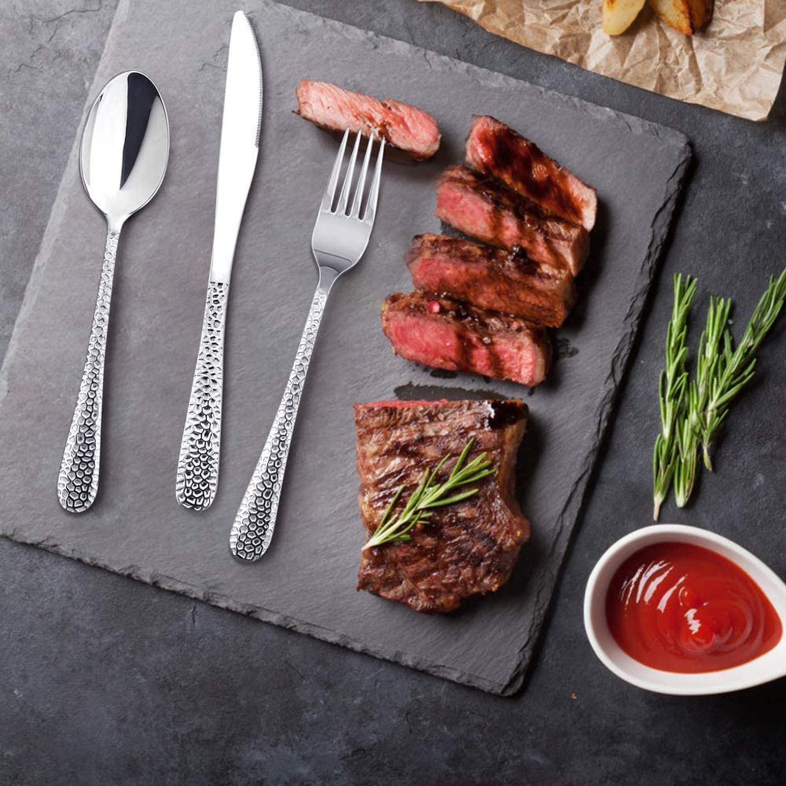 HaWare Set di posate in acciaio INOX, 60 pezzi, per 12 persone, con coltello, cucchiaio a forchetta, moderno manico a martello, posate per famigliapartyhotelristorante, lucidate e lavabili in