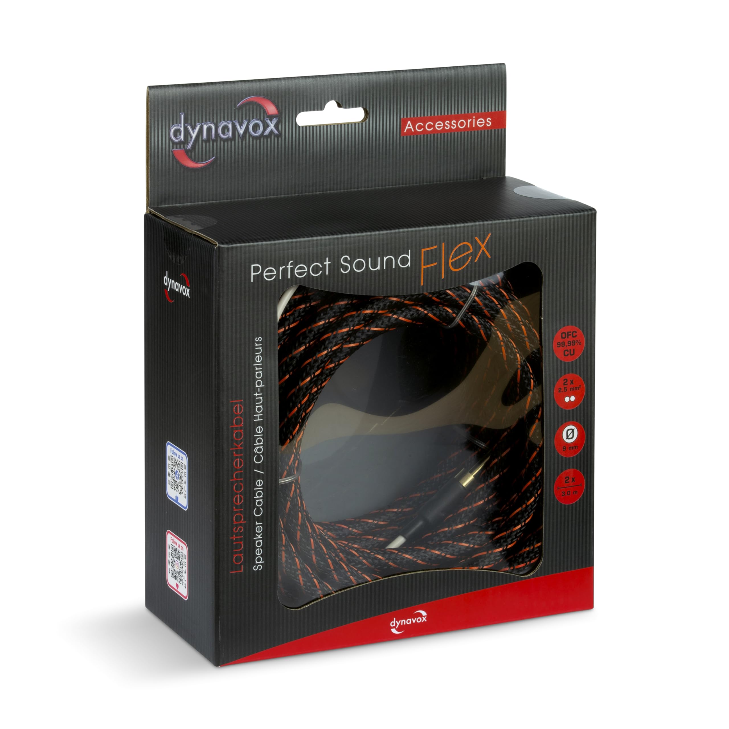 Dynavox Perfect Sound Flex, câbles de haut-parleur HiFi extrêmement flexibles avec fiches bananes creuses plaquées or, transmission de signal sans perte, cuivre OFC de haute pureté, paire, longueur 3m