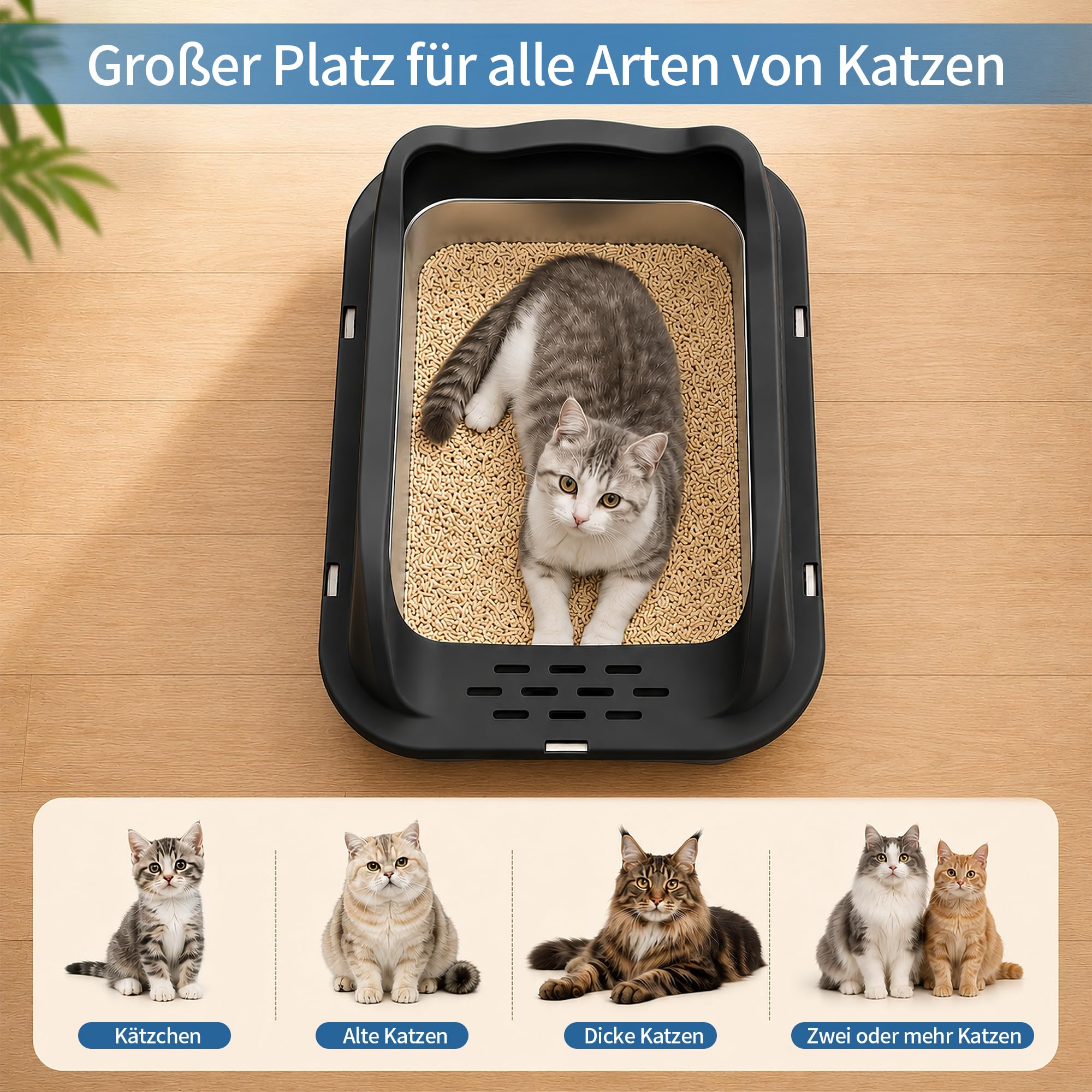 Katzenklo Edelstahl mit Abnehmbares Hoher Rand, Katzentoilette Edelstahl Offen Groß XXL Mit Hochwandigem Seitengehäuse, Metall Katzenklo, Nicht-Klebrig, Auslaufsicher & Einfach zu Re - 50 * 35 * 15cm