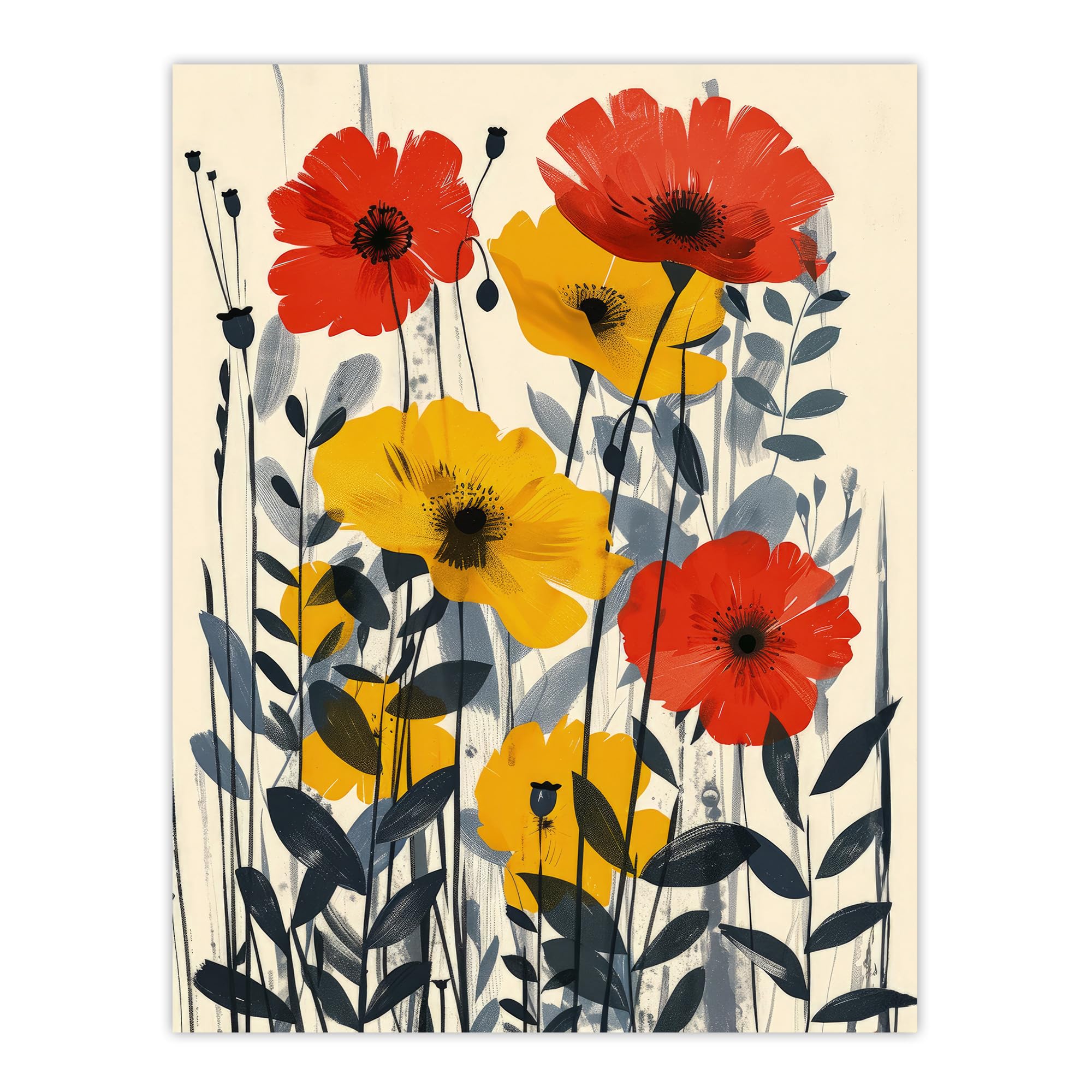 Artery8 Yellow and Red Wildflowers Blooming Modern Poster - W24 inch x H32 inch