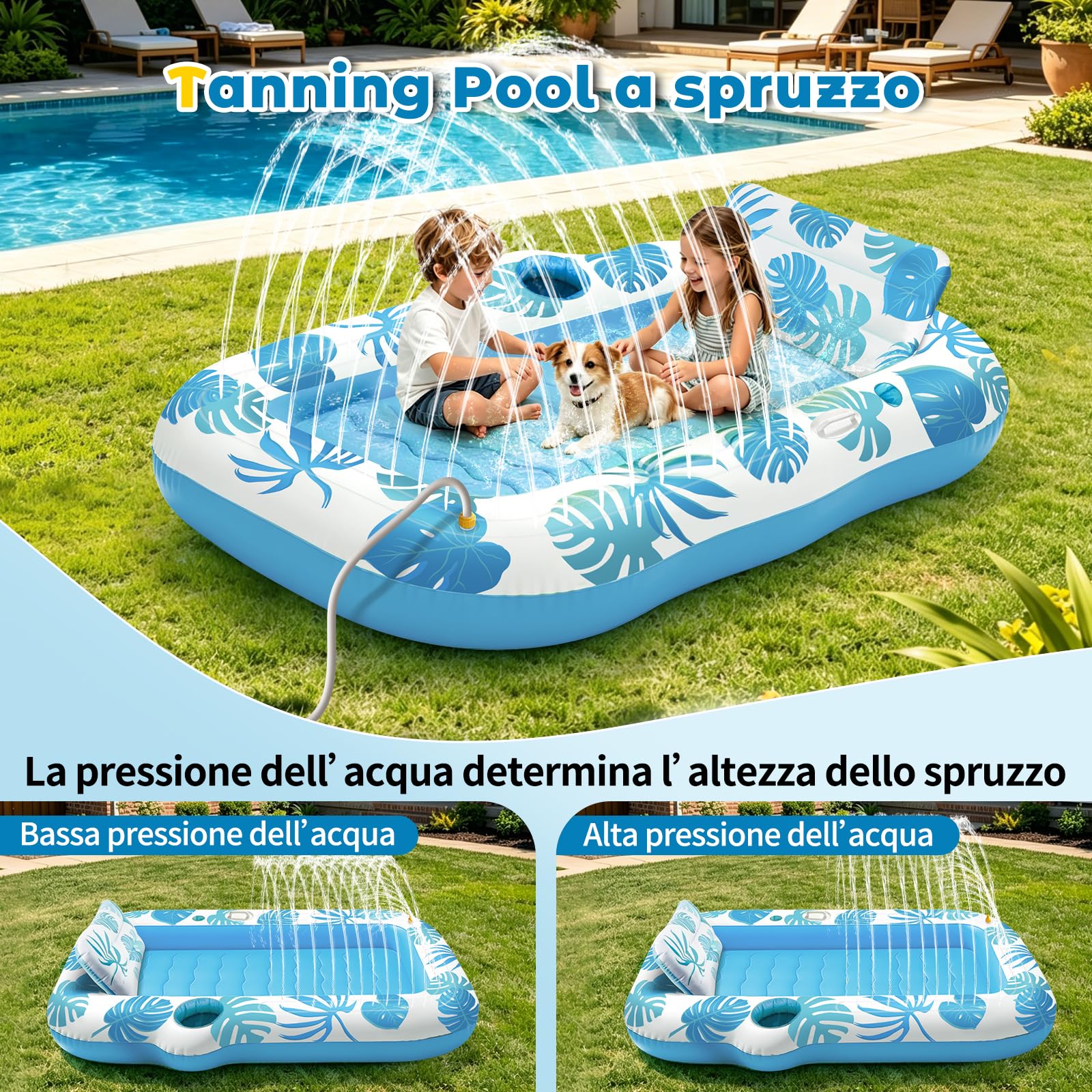 JONRRYIN Materassino Gonfiabile Mare Adulti, Tanning Pool con Funzione Spruzzo e Porta Bicchiere, Materassino Piscina 215×150 cm, Poltrona Gonfiabile Piscina Relax per Mare e Piscina