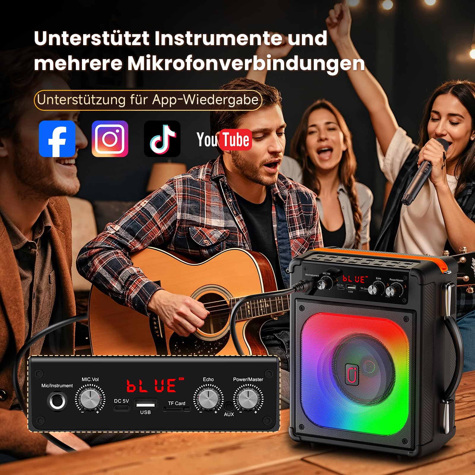 HWWR Karaoke Maschine mit 2 Kabellosen Mikrofonen, Tragbarer Bluetooth Lautsprecher mit LED-Licht & Schultergurt, TWS Partybox für Erwachsene & Kinder, PA System für Zuhause & Outdoor