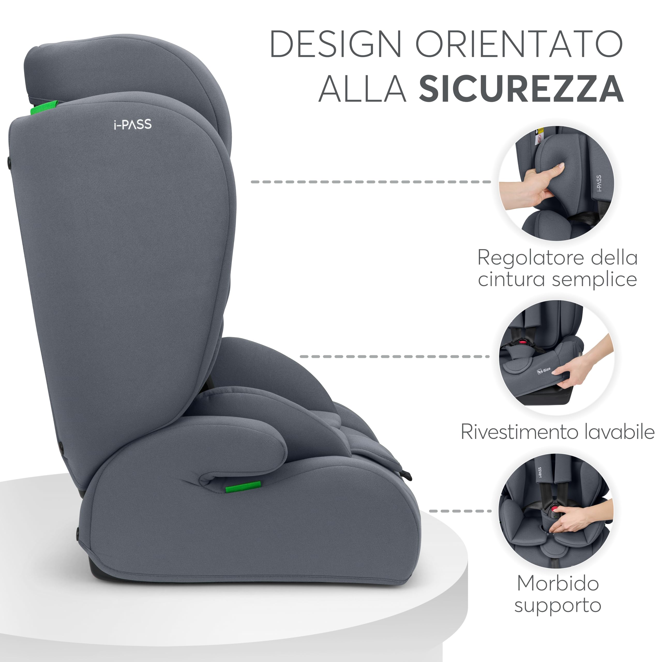 KikkaBoo i-PASS Seggiolino auto 9-36 kg senza ISOFIX, Gruppo 1 2 3 per bambini da 15 mesi a 12 anni, i-Size, altezza 76-150 cm, poggiatesta regolabile a 13 posizioni, Grigio