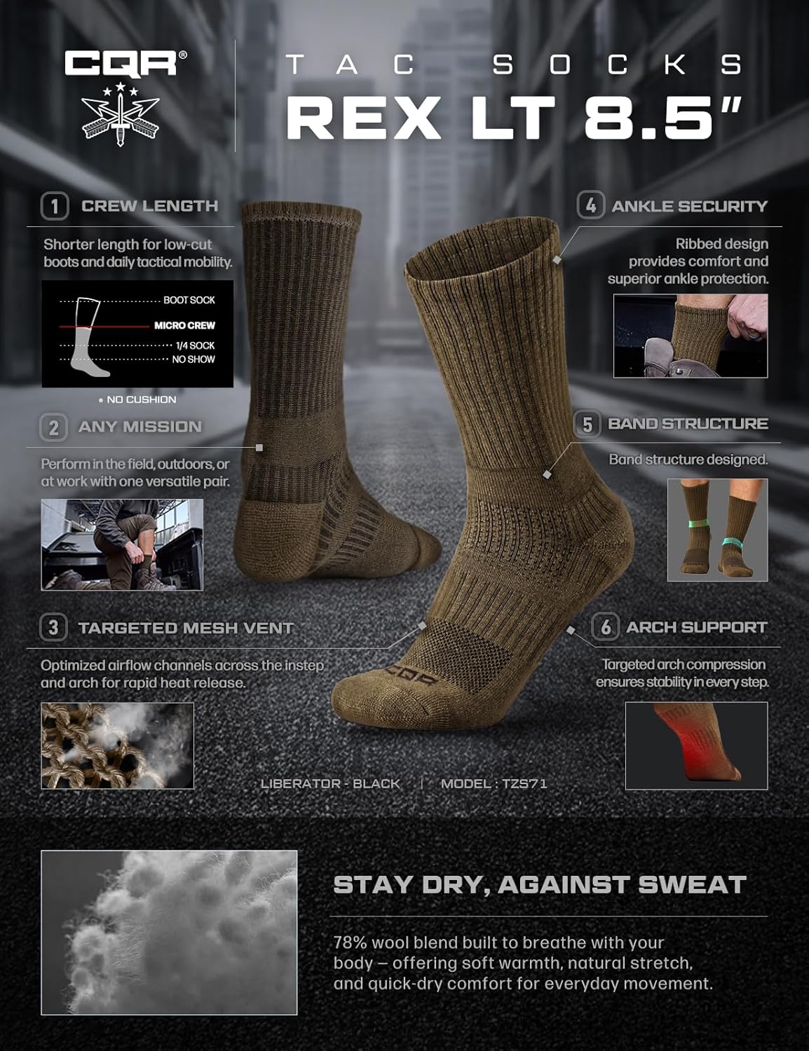 CQR 3 Pack Men and Women Wool Hiking Mid Calf Crew Socks, Moisture Wicking Breathable Outdoor Tactical Cushion boot Socks