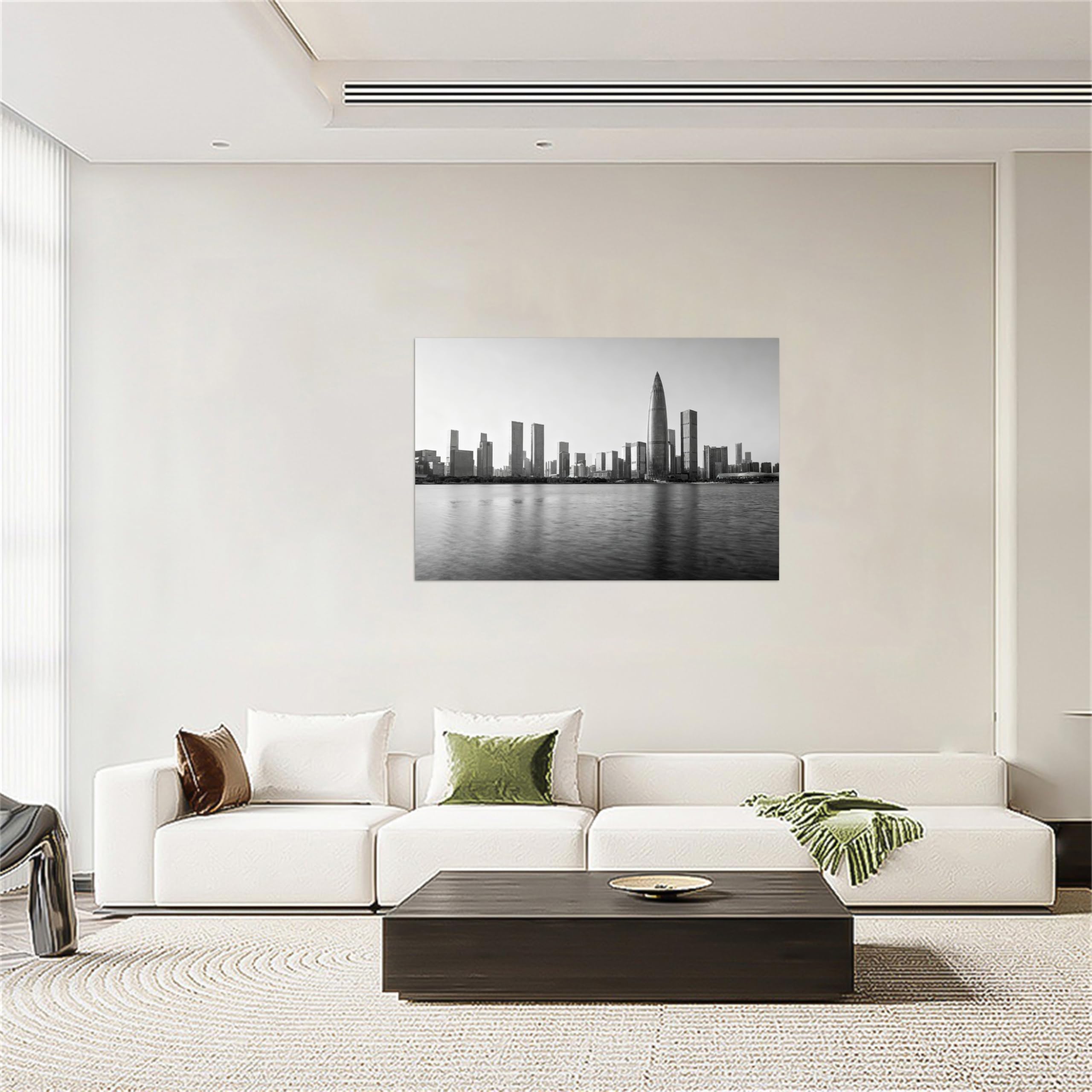 OZPWBVY Gebäude See Schwarz Weiß Landschaftsbild Wohnzimmer 20x30cm Gerahmt