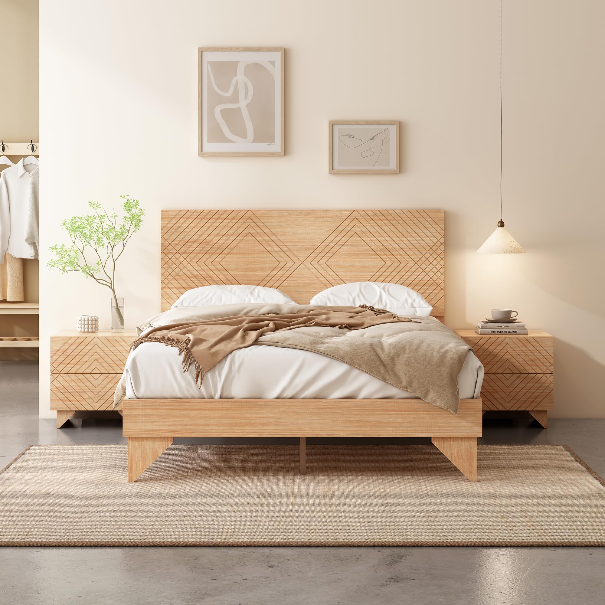 MUSEHOMEINC Solid Wood Platform Bed Frame, King Size Bed Frame with Line Diamond Pattern Headboard, No Box Spring Needed, Modern Minimalist Wooden