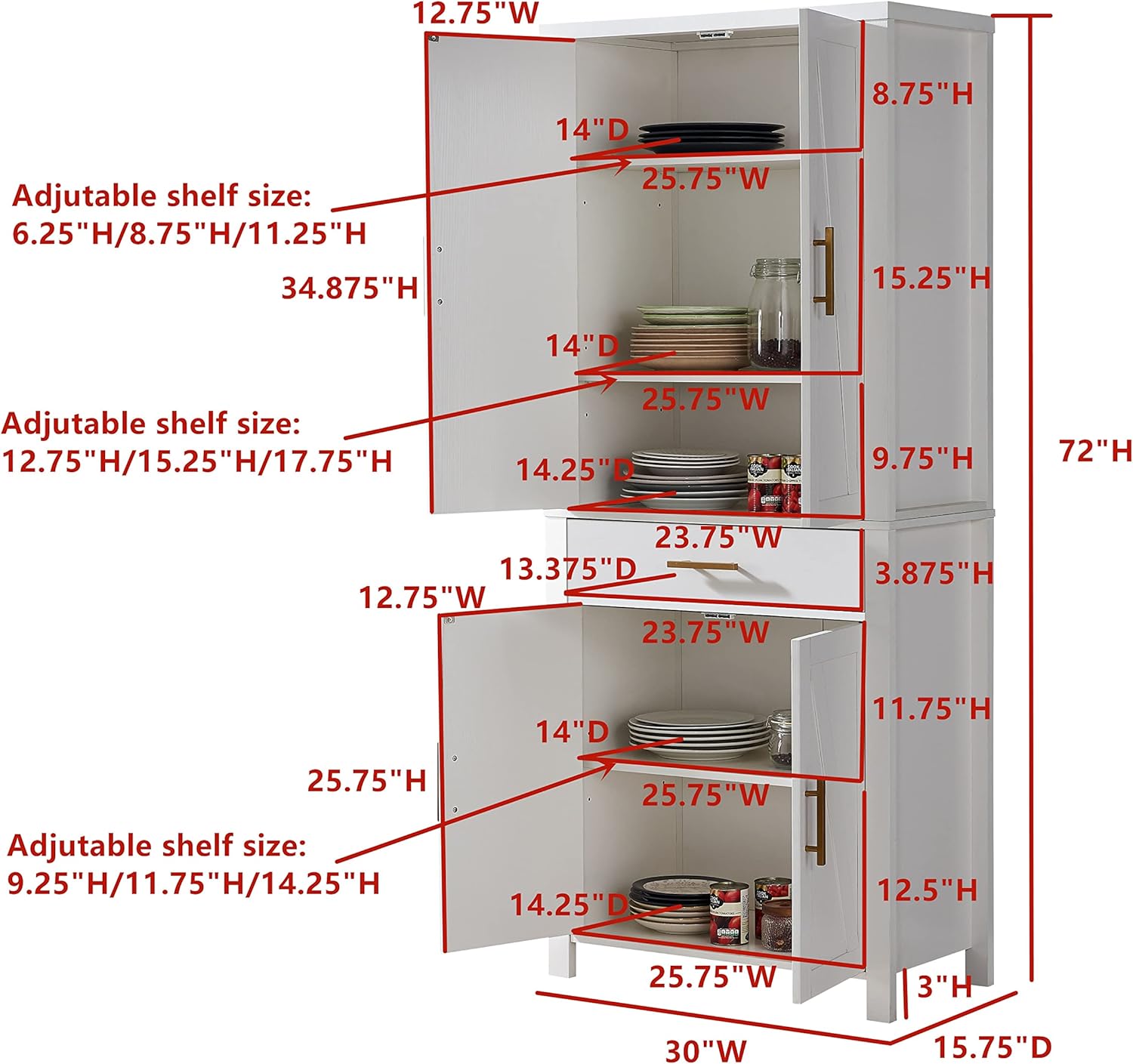 Kings Brand Furniture - 72" Freestanding Kitchen Pantry Storage Cabinet Cupboard with Doors Adjustable Shelves & Drawer, White