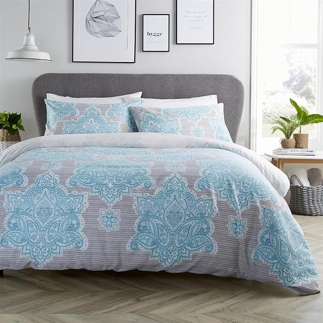 Olivia Rocco Empire Damask Duvet Cover Set Modern Print Cotton Rich Easy Care Soft Quilt Covers Reversible Premium Bedding Bed Linen Sets With Pillowcase, Double Teal
