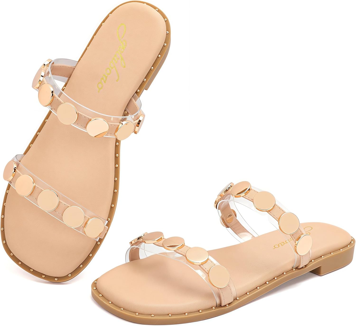 geluboao Sandals for Women 2025 Open Toe Two Band Slip On Slides Fashion Metal Circular Flat Sandals for Summer Size 6-11