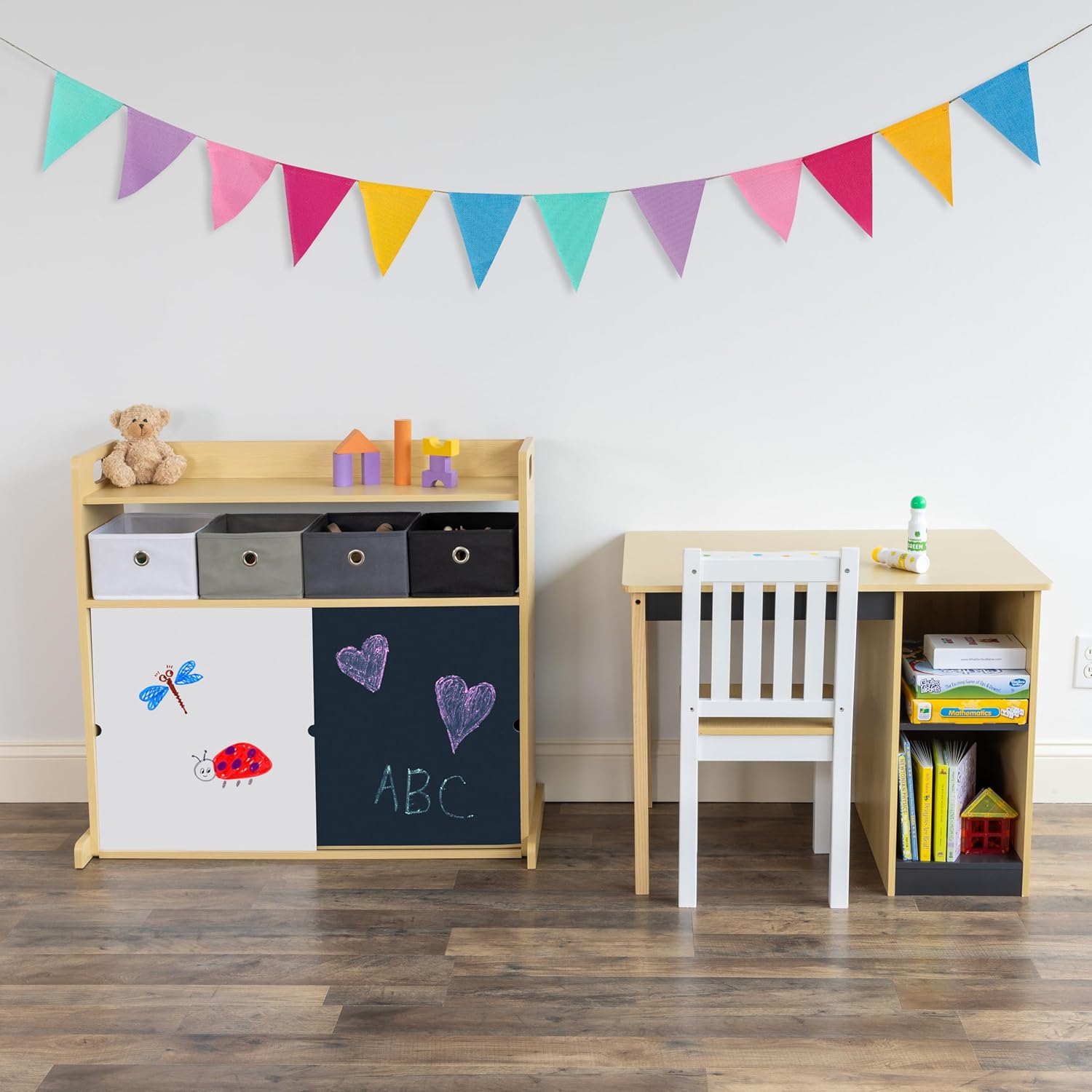 Humble Crew Dalton Toddler Desk and Chair Set, Natural/Black/White/Grey, Kids Study Desk with Storage for Ages 3–6, Homeschool and Activity Table, Easy Assembly, Wooden Furniture