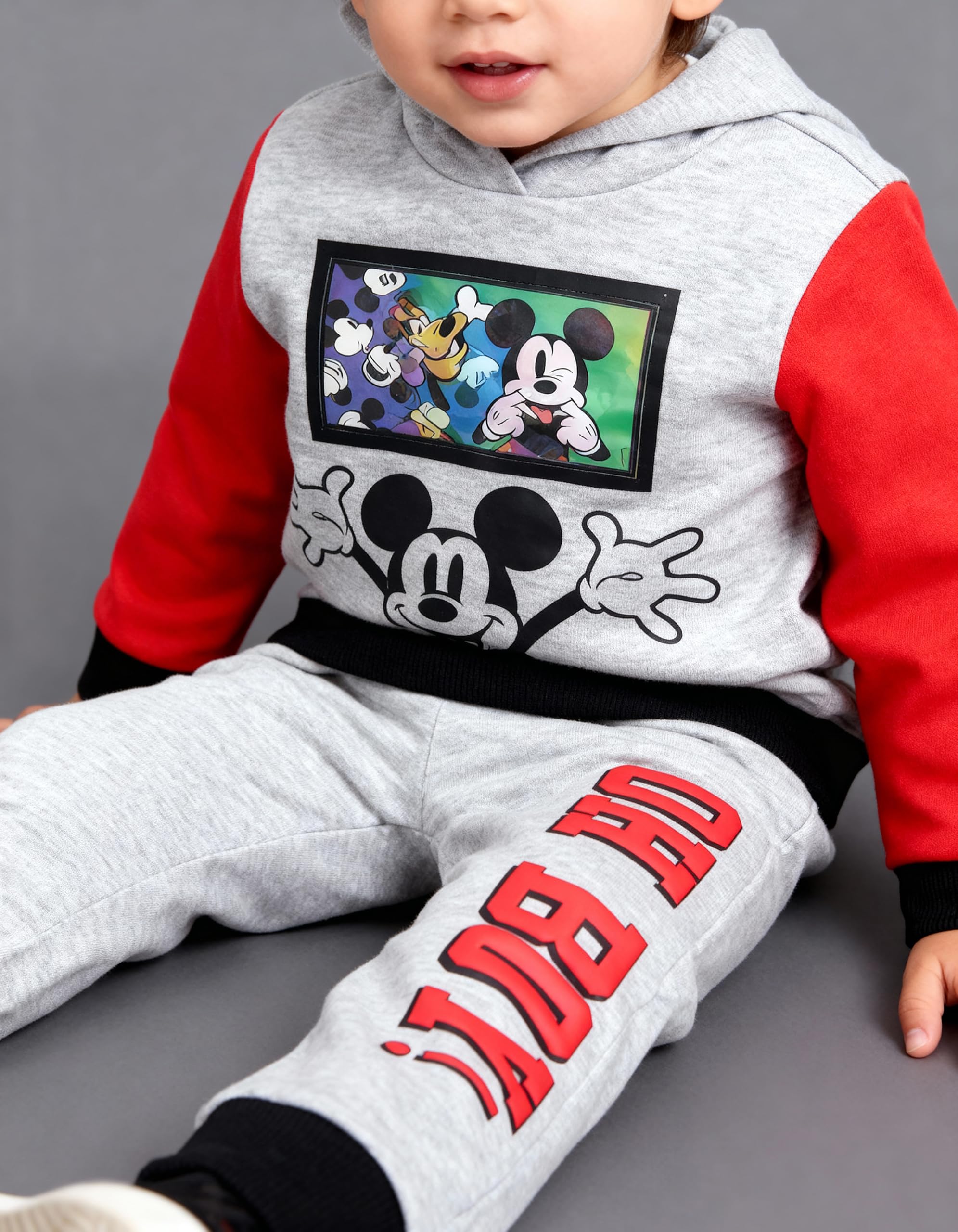 Disney Mickey Mouse Toddler Boys’ Outfit Set - Two Piece Hoodie Sweatshirt with Holographic Patch & Jogger Pants (Red 1, 3T)