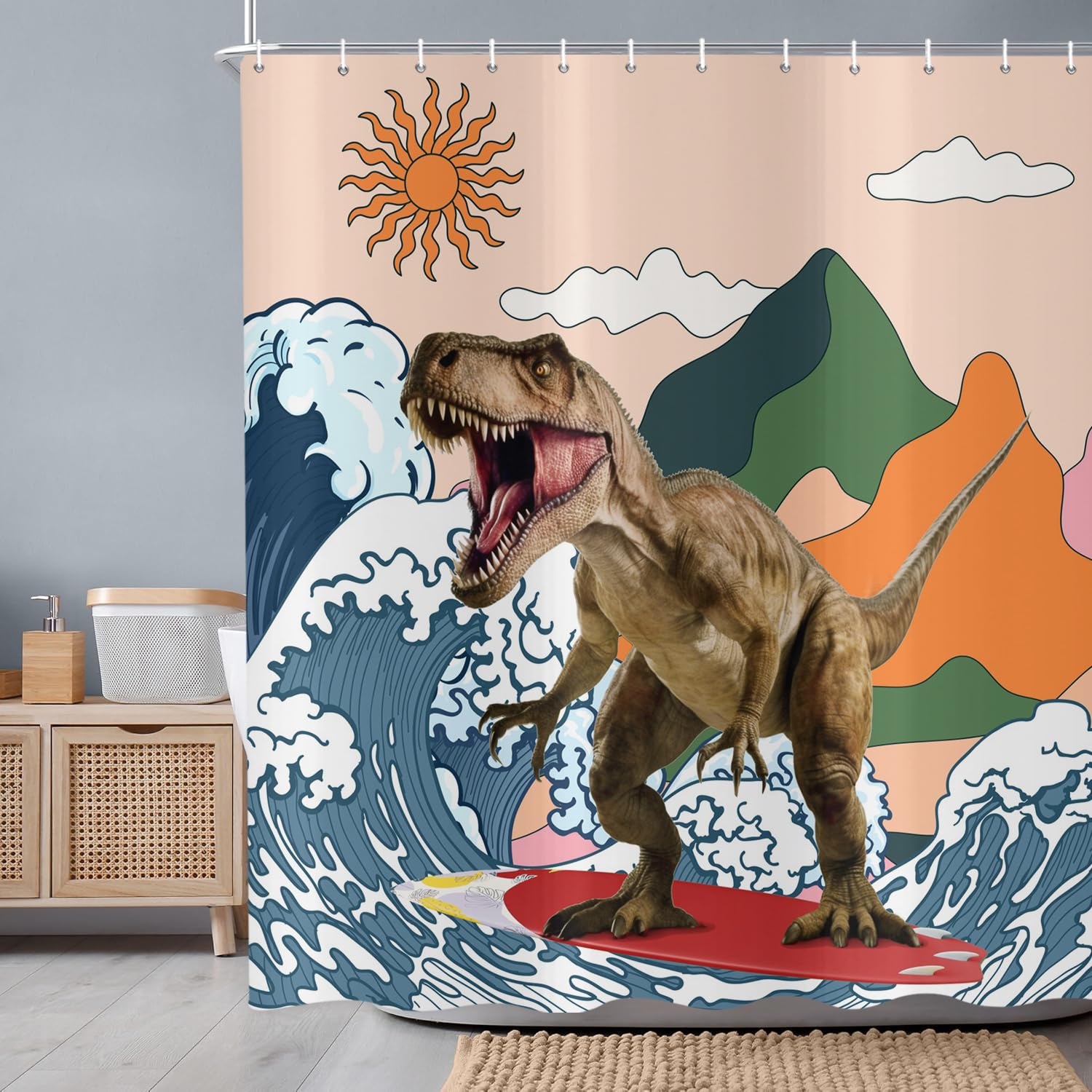ASDCXZ Funny Dinosaur Shower Curtain 180x220 cm, Japanese Ocean Wave Funny Monster Dinosaur Surfing Waterproof Bath Curtain Polyester Textile Washable Shower Curtains for Bathtub with 12 Hooks