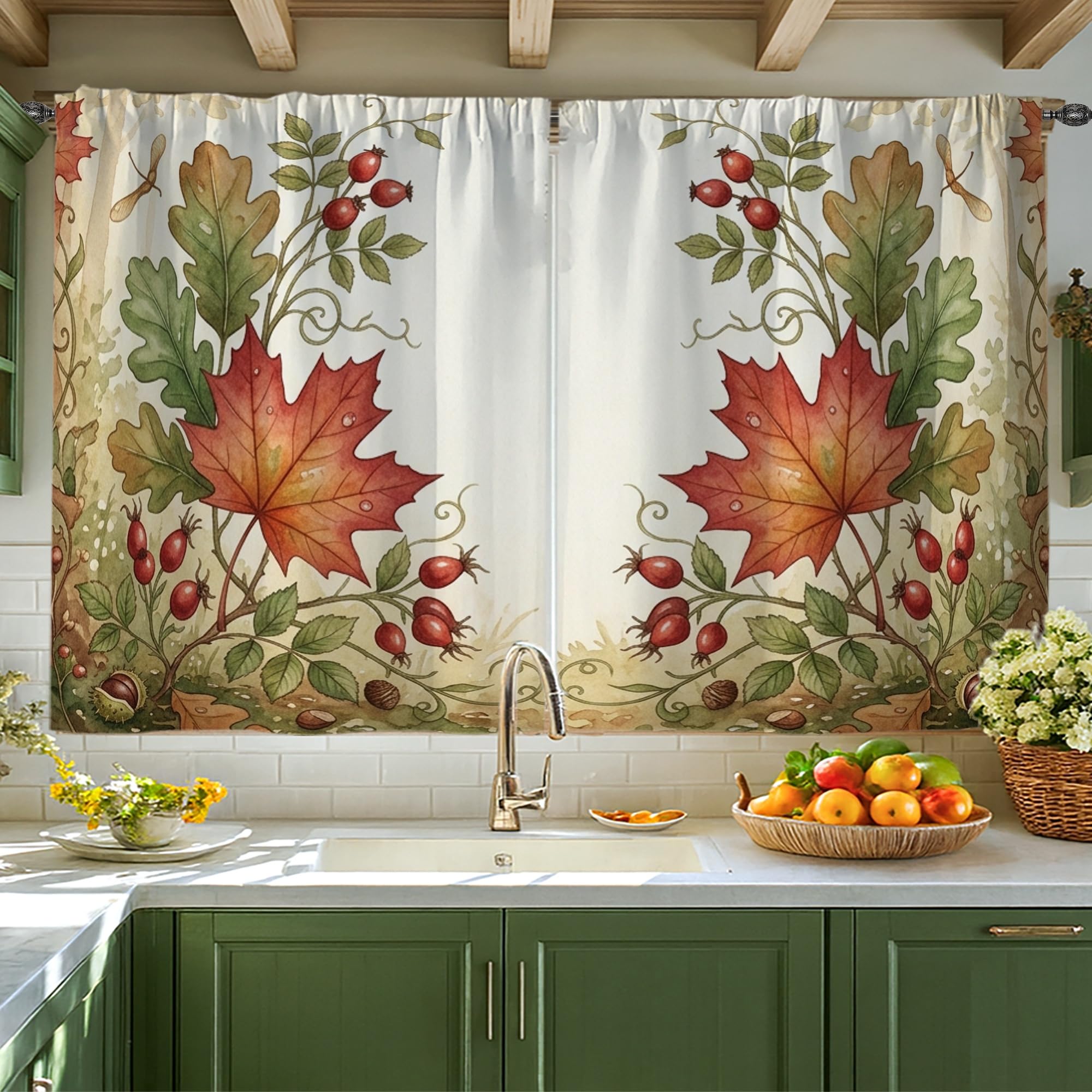 Rideaux de cuisine rustiques vert automne feuilles et baies 106x114 cm