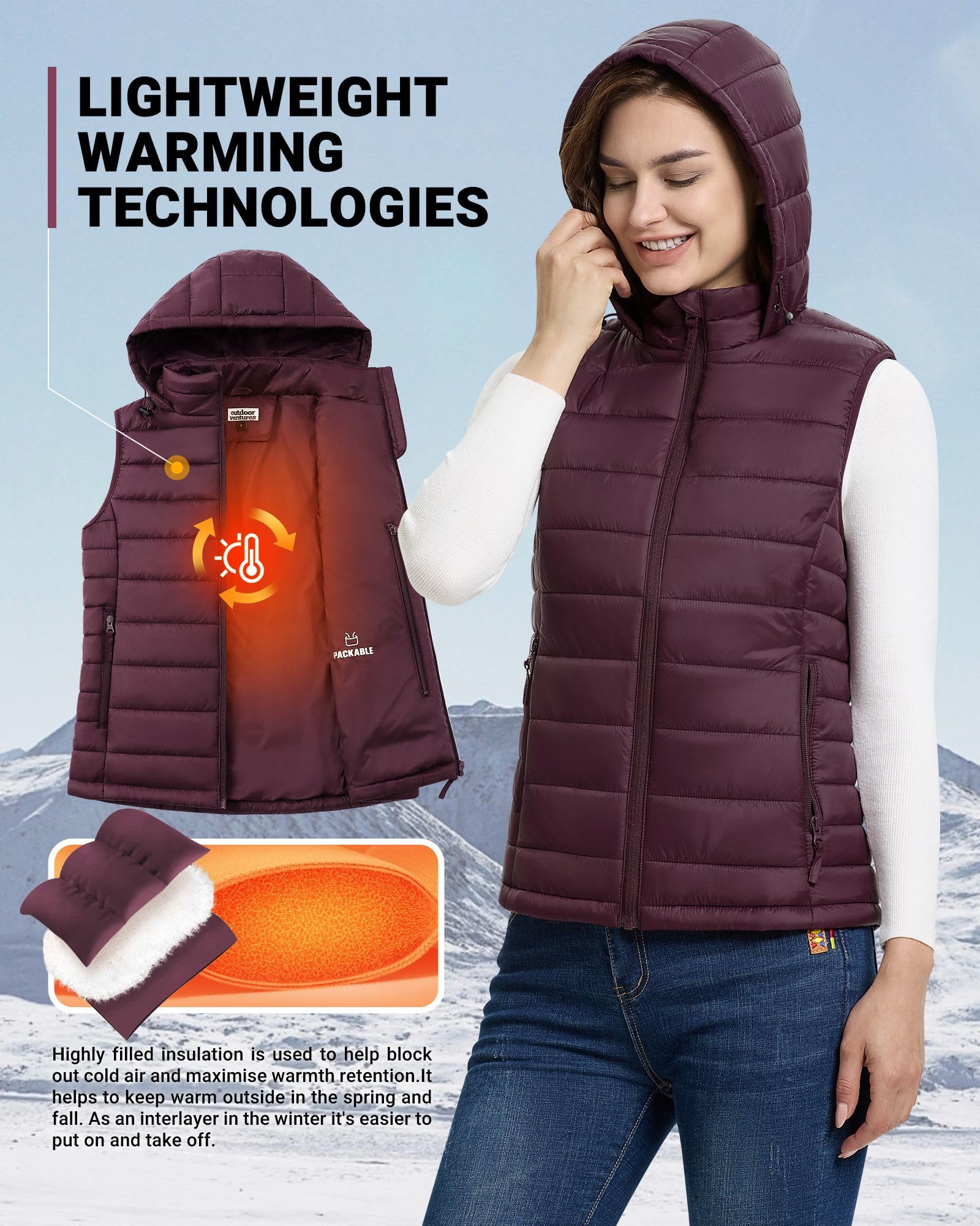 Outdoor Ventures Gilet trapuntato da donna con cappuccio, imbottito, per le mezze stagioni, imbottito, sportivo, da donna, caldo, con colletto alto, per escursioni, campeggio
