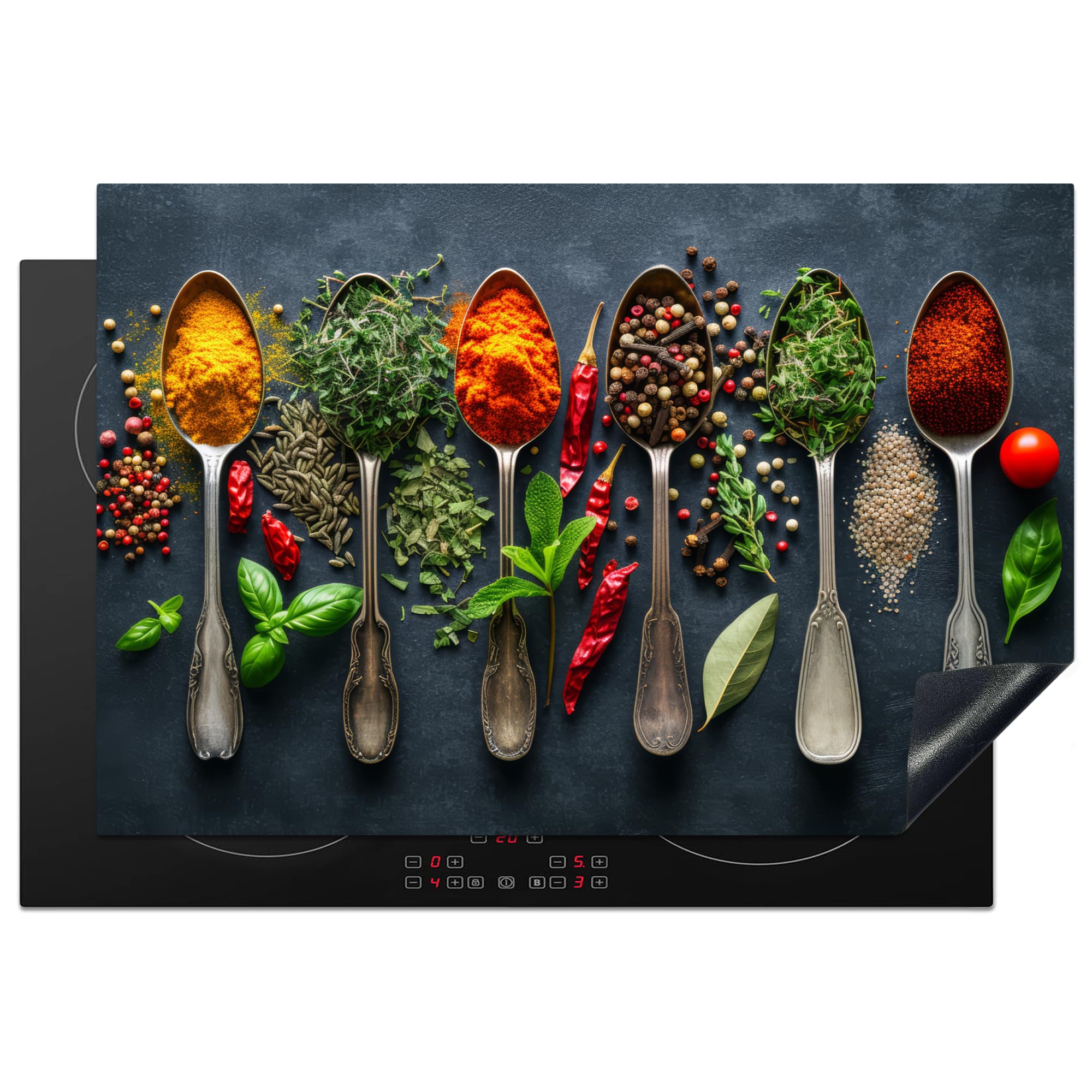 KitchenYeah© Induction Hob Protector Mat 20.3"x29.9" / 76x51.5 cm Stove Cap Top Cover Kitchen Cooker Covers for Electric Hobs Vinyl Herbs - Spoons - Concrete - Pepper - Spices