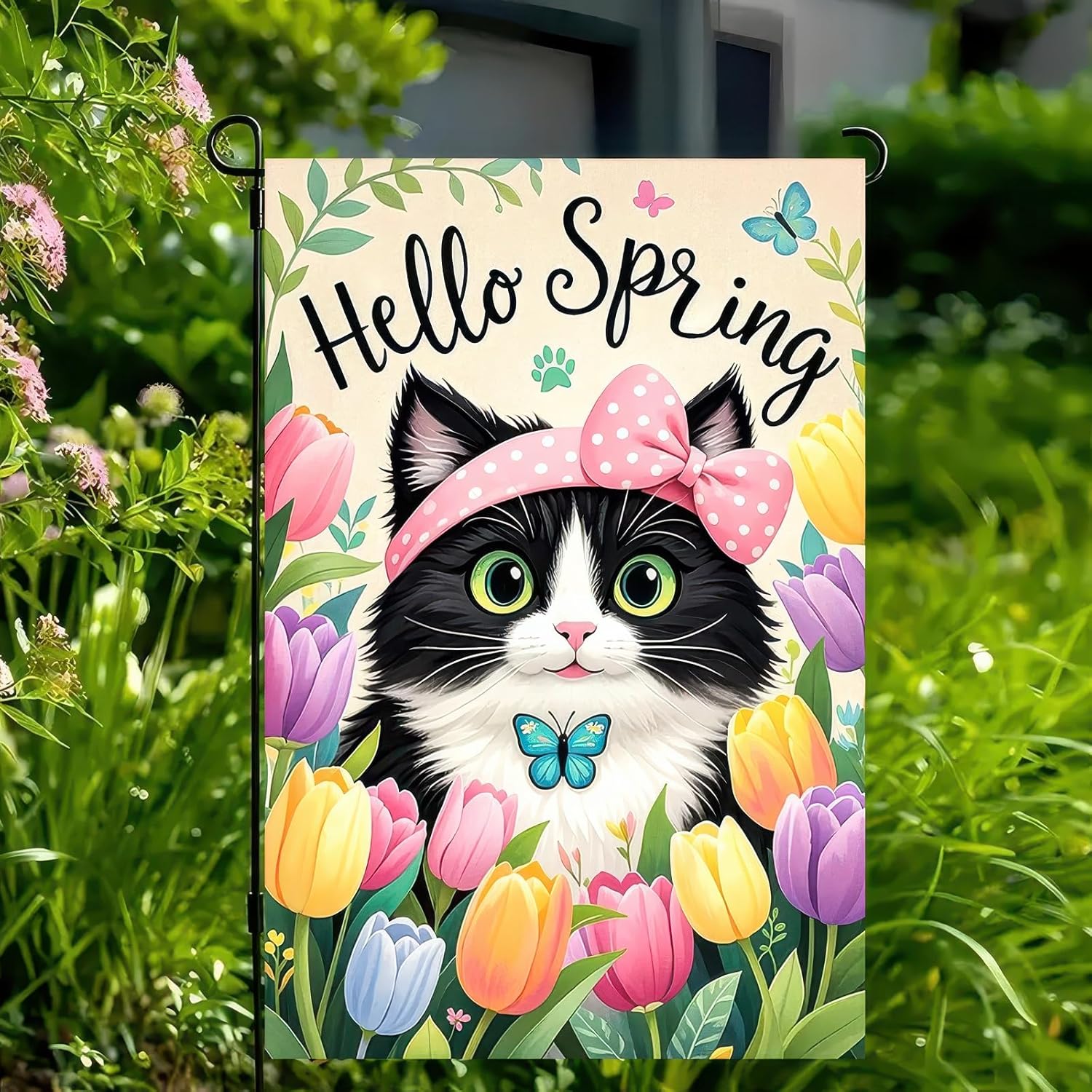Hello Spring Garden Flag 12x18 Inch Double Sided Cute Cat Tulips Seasonal Welcome Small Flags For Outside Outdoor Decor Yard Farmhouse Holiday Spring Summer Decorations Yard Flags - Image 9