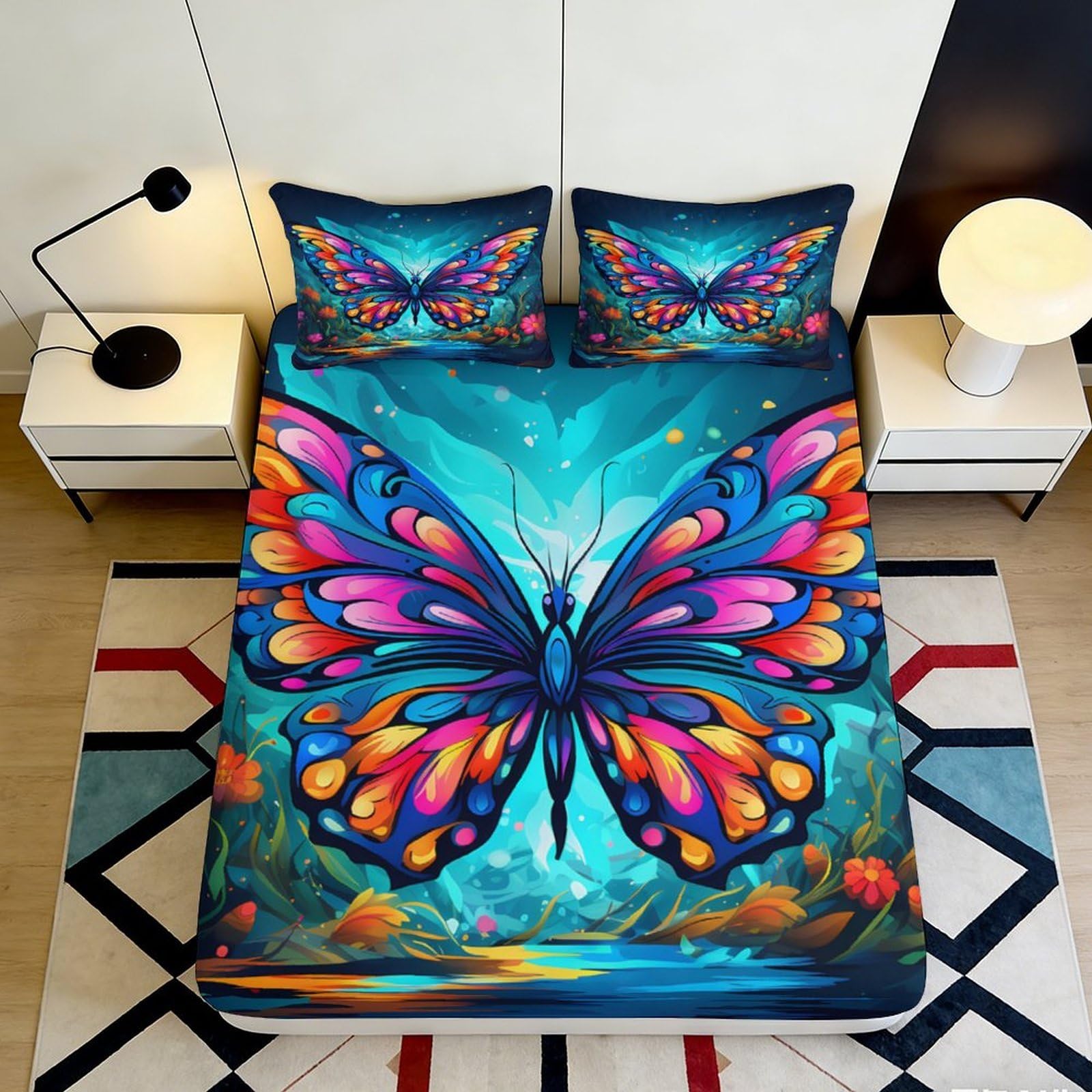 3D Printed Vibrant Butterfly Fitted Sheet Microfiber Anti-Slip Artistic Bed Cover for Bedroom Dorm Mattress Decor 90x200x25cm