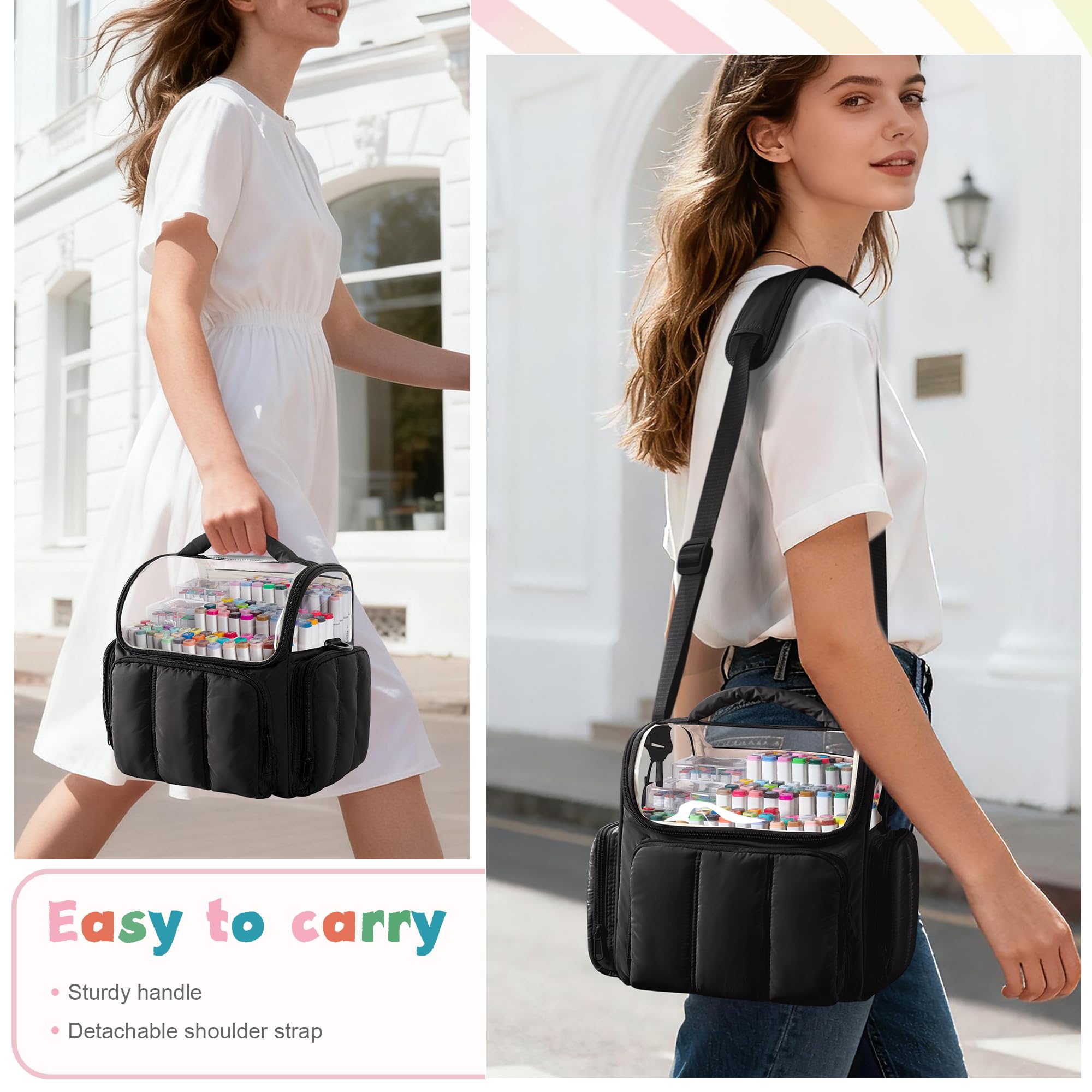 Rexmica Große Aufbewahrungstasche für 210 Marker Stifte, Gepolsterte Marker-Organizer-Tasche mit Schultergurt für Erwachsene, Künstler, Lehrer und Malbegeisterte, Schwarz (Leerer Beutel)