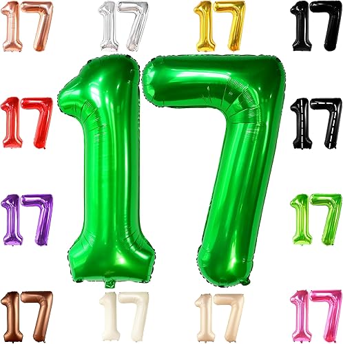 KatchOn, Globos de color verde oscuro del número 17, 40 pulgadas, globos verdes del número 17 para decoraciones de cumpleaños de 17 años para niñas,