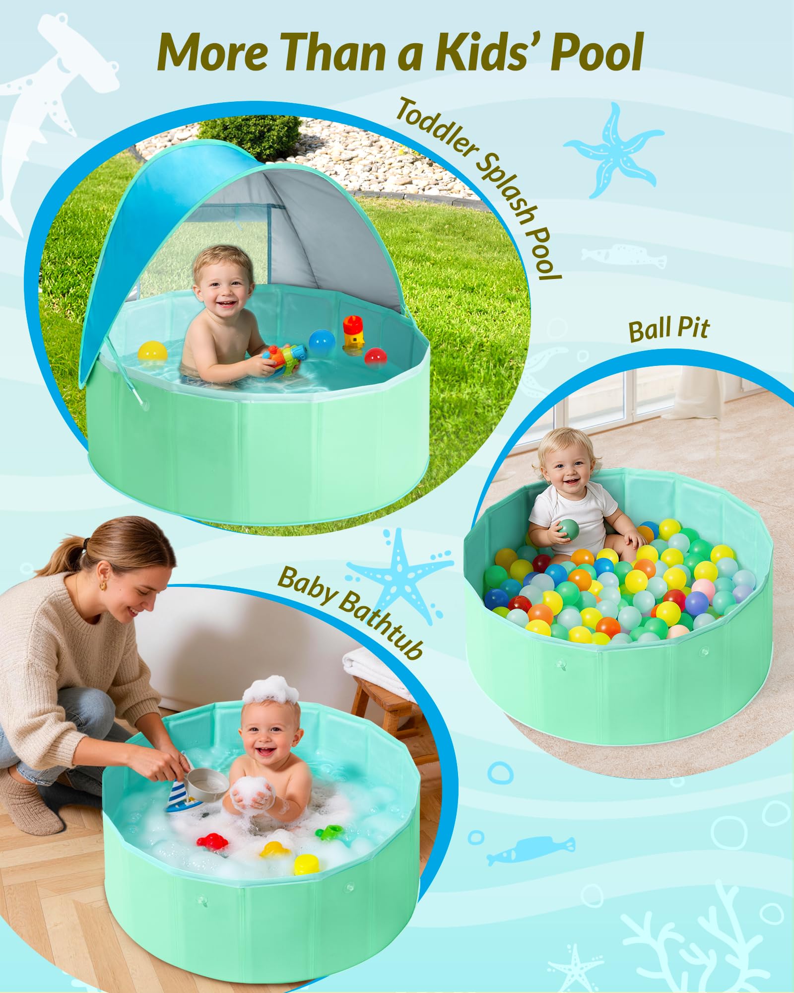 Hikiddy Piscina infantil con sombra: piscina desplegable de 80 cm con toldo para verano, playa, jardín (azul y menta, 80 cm)