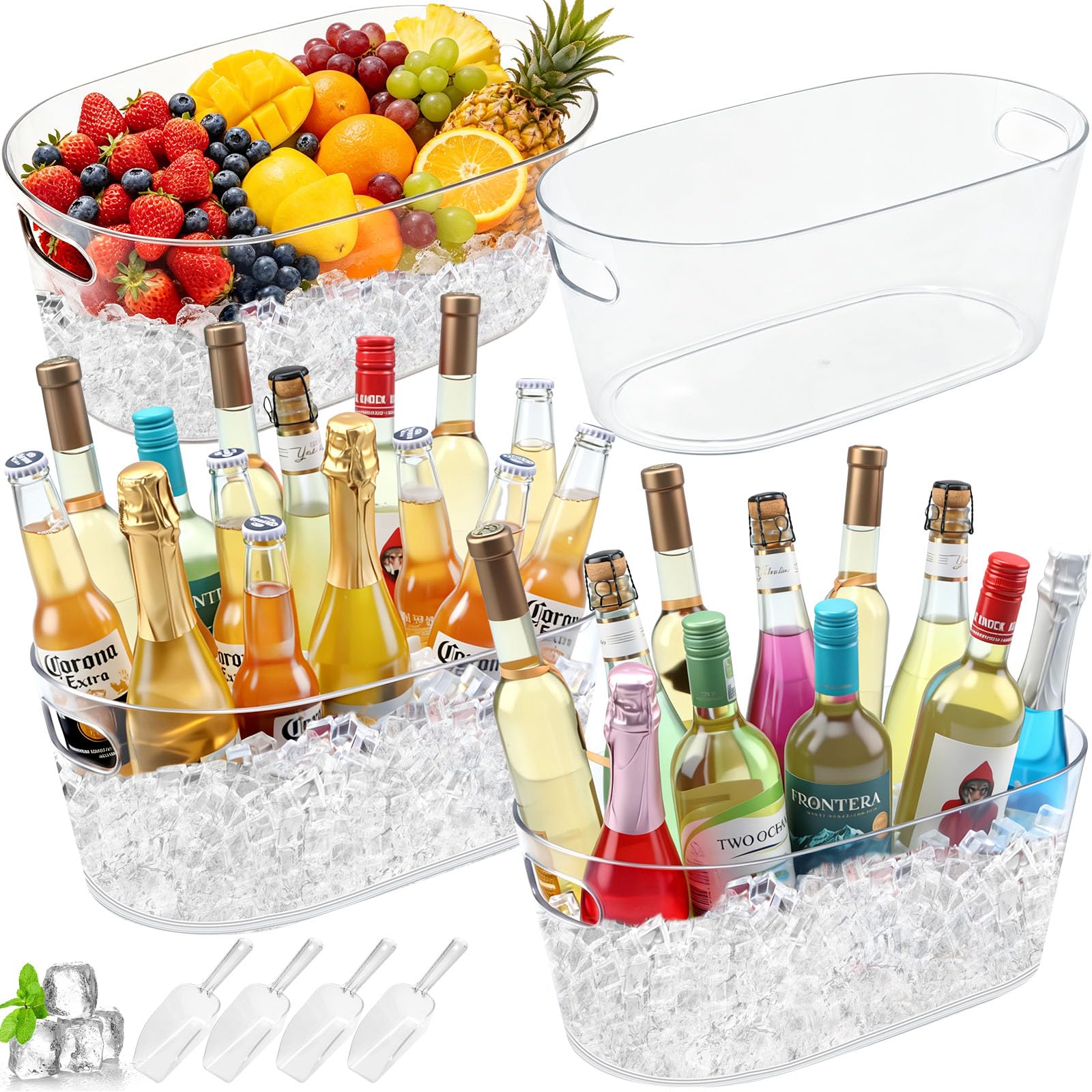 Eiskübel für Partys, 4 Packungen, 15 l großer Eiskübel mit 4 Schaufeln, transparenter Acryl-Kunststoffwanne für Zuhause, Büro, Kühlschrank, Zubehör für Champagner, Bier, Cocktail auf Mimose, Bar