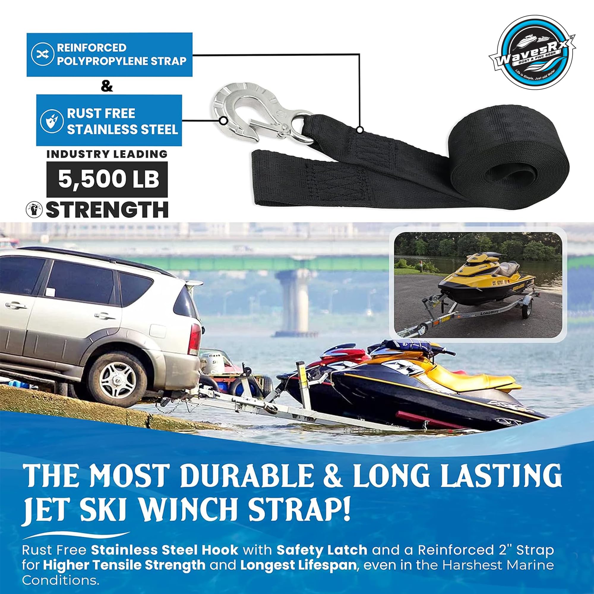 WavesRx Cinghia di ricambio per argano del rimorchio della barca da 5,1 cm x 5,1 cm con gancio in acciaio inossidabile di grado marino | Capacità 2,5 kg (2,5 T) (2"x12' (Jet Ski))