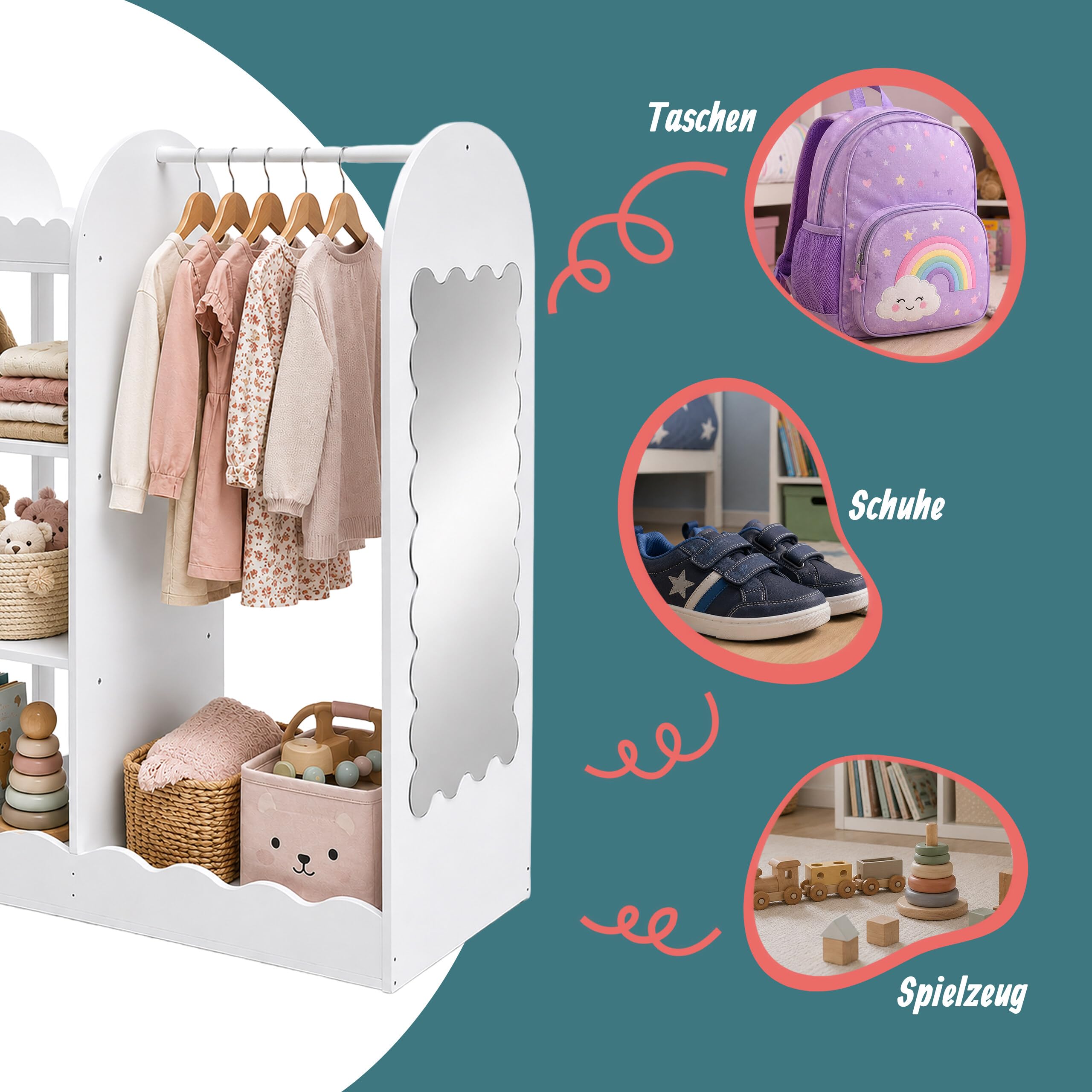 Relaxdays Kleiderständer Kinder, Spiegel, 5 Fächer, Kleiderstange, weiß