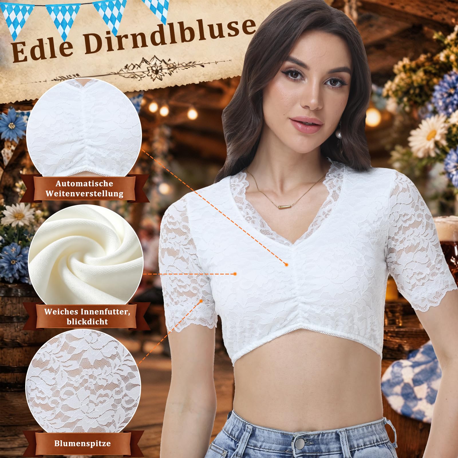 Ahigh Dirndl Bluse Damen Spitze Blumen Dirndlbluse Weiß Schwarz u.a. V-Ausschnitt Dirndl Blusen Kurzarm Elegant Trachtenbluse für Oktoberfest & Festliche Anlässe Größe 34-46