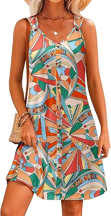 LUXVEER Summer Dresses for Women 2026 Sleeveless Floral Boho Swimsuit Cover Ups Casual Button Beach Vacation Tank Sundresses