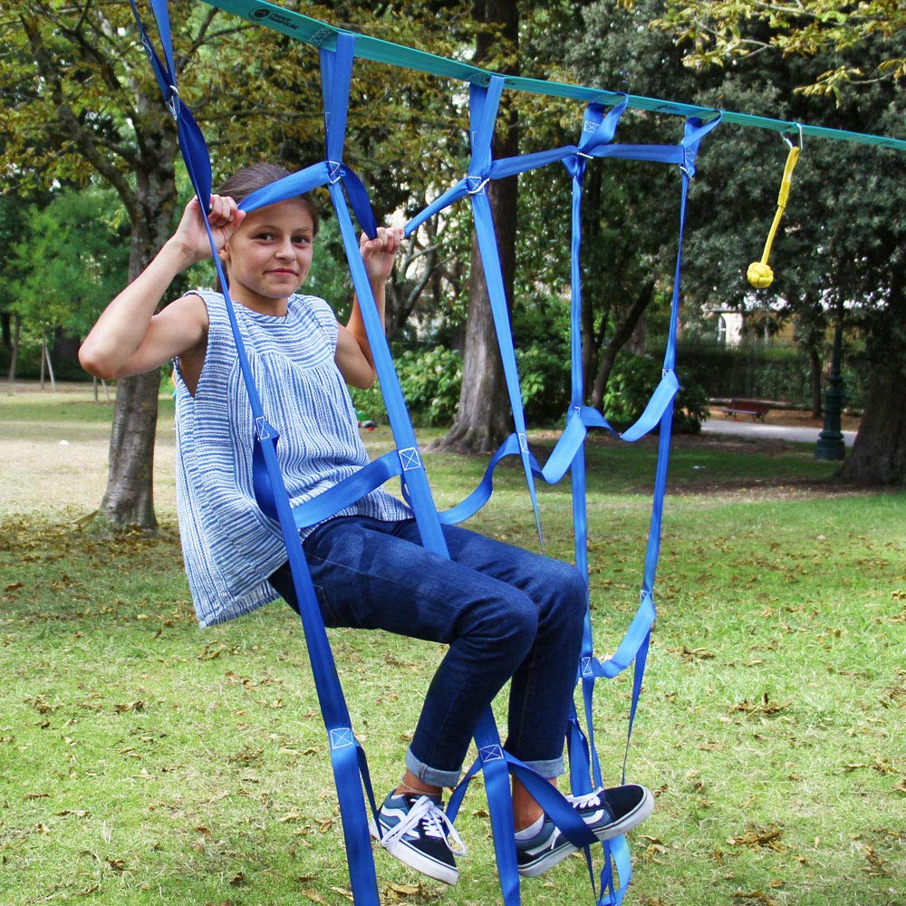 France Trampoline – Slackline und Hindernisparcours für Kinder – Ninja Parcours mit 14 Hindernissen und 15 m Slackline – Outdoor-Spiel für Kinder und Erwachsene mit Leiter, Kletternetz