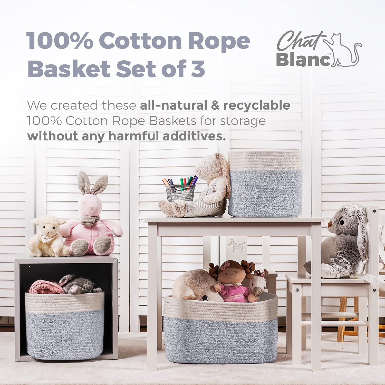 CHAT BLANC Cestas de cuerda de algodón para organizar, cestas de almacenamiento para estantes, cesta de cuerda para almacenamiento, cestas pequeñas para lavandería, cestas tejidas para almacenamiento