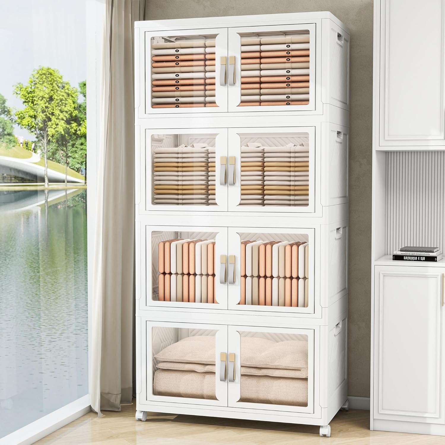 Stackable Storage Bins with Doors & Lids & Wheels, Foldable Collapsible Closet Organizers for Bedroom Dorm (4, 75cm)