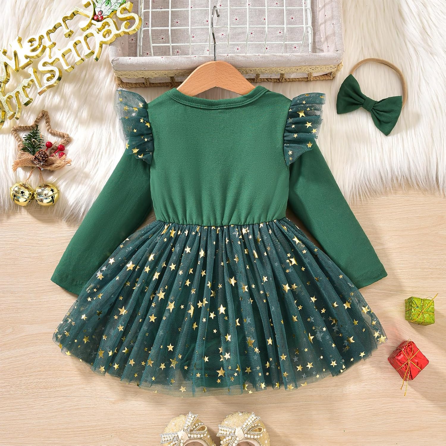 IBAKOM Infant Baby Girl Velvet Tulle Tutu Long Sleeve Heart Print Newborn Valentines Outfits Toddler Christmas Formal Dress - Image 3