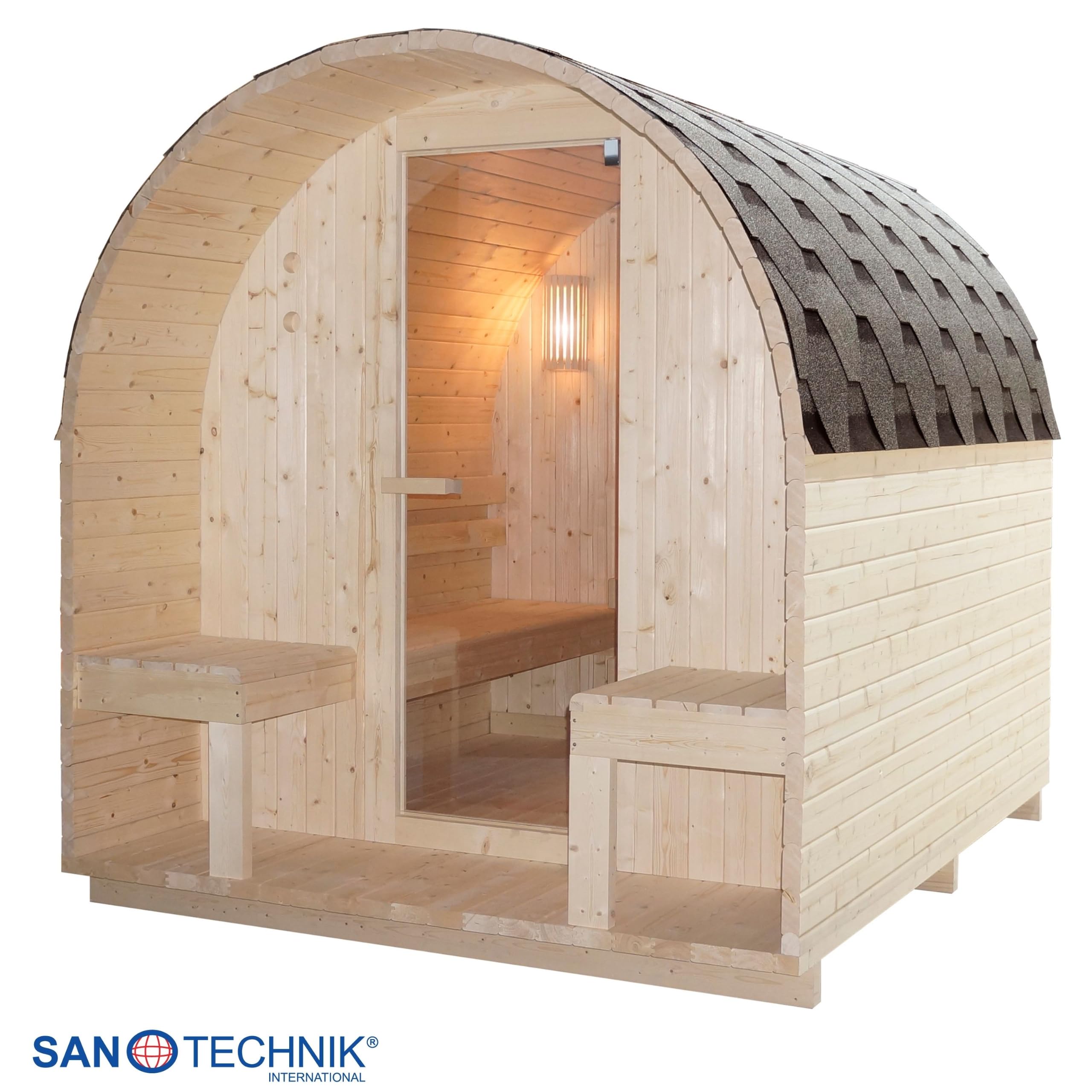 SANOTECHNIK Außensauna Island XL für 4 Personen Fichte Naturbelassen 220 x 189 x 200 cm mit 6 mm Sicherheitsglas-Tür und 3,8 cm Wandstärke