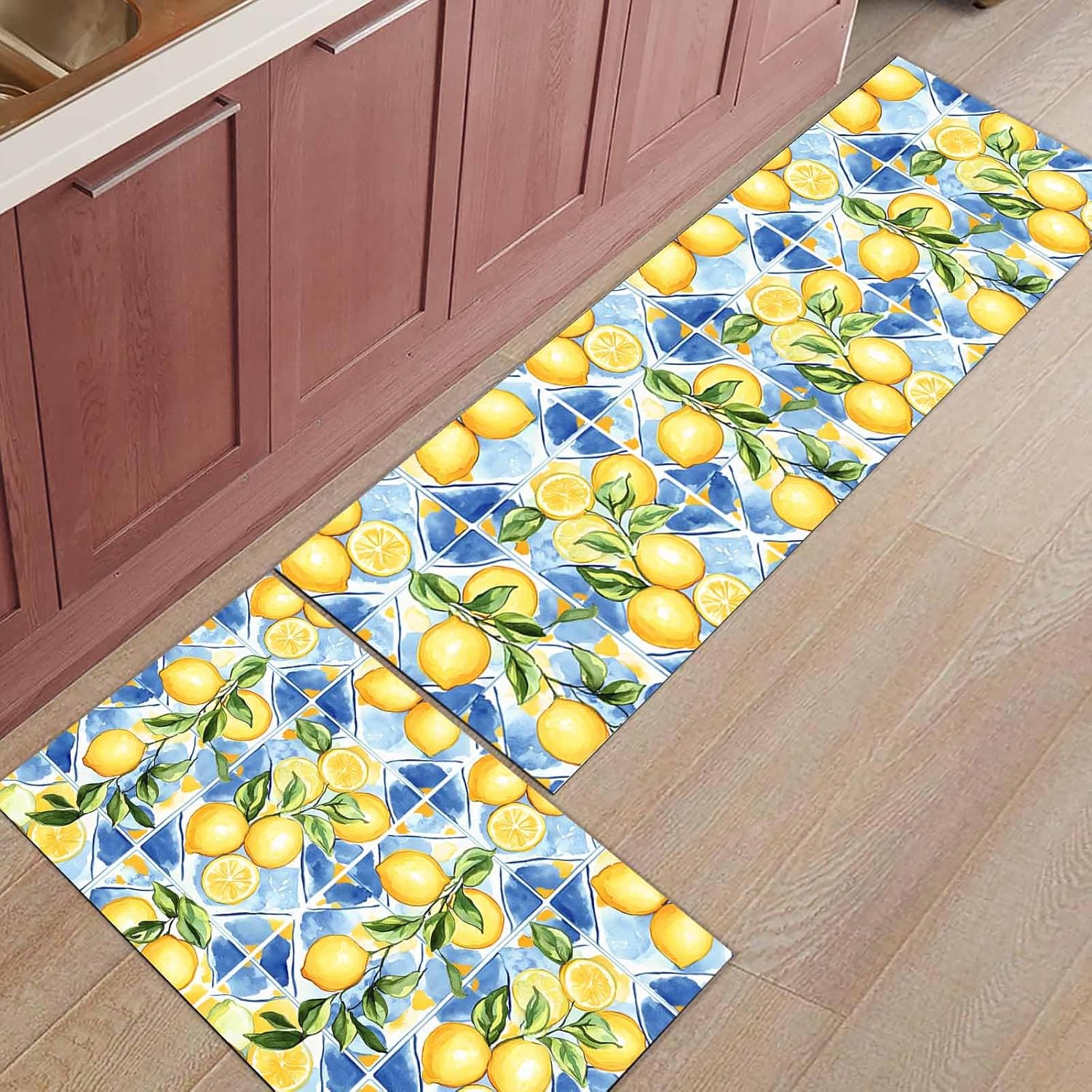 2 Pieces Kitchen Rugs and Mats,Summer Yellow Lemon Green Leaf Area Runner Rug Set Non Slip Floor Doormat Washable Carpet Standing Mat for Kitchen Sink Indoor Corridor,Watercolor Blue Tile Art