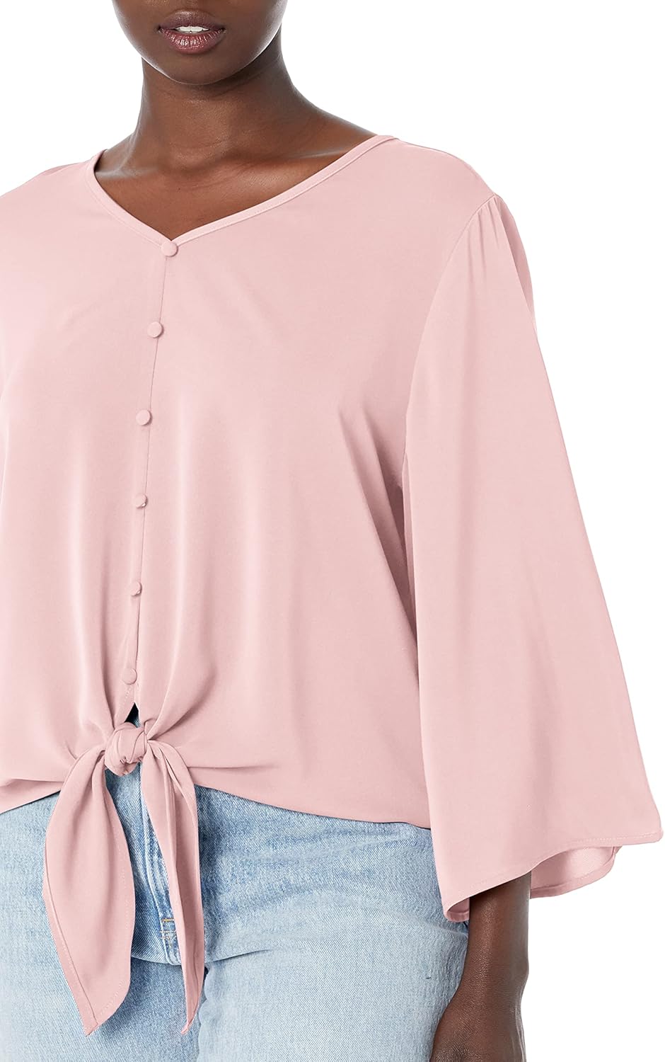 VIISHOW Women's Button V Neck Chiffon Tops 3/4 Bell Sleeve Tie Knot Casual Blouses Loose Summer Shirts - Image 3
