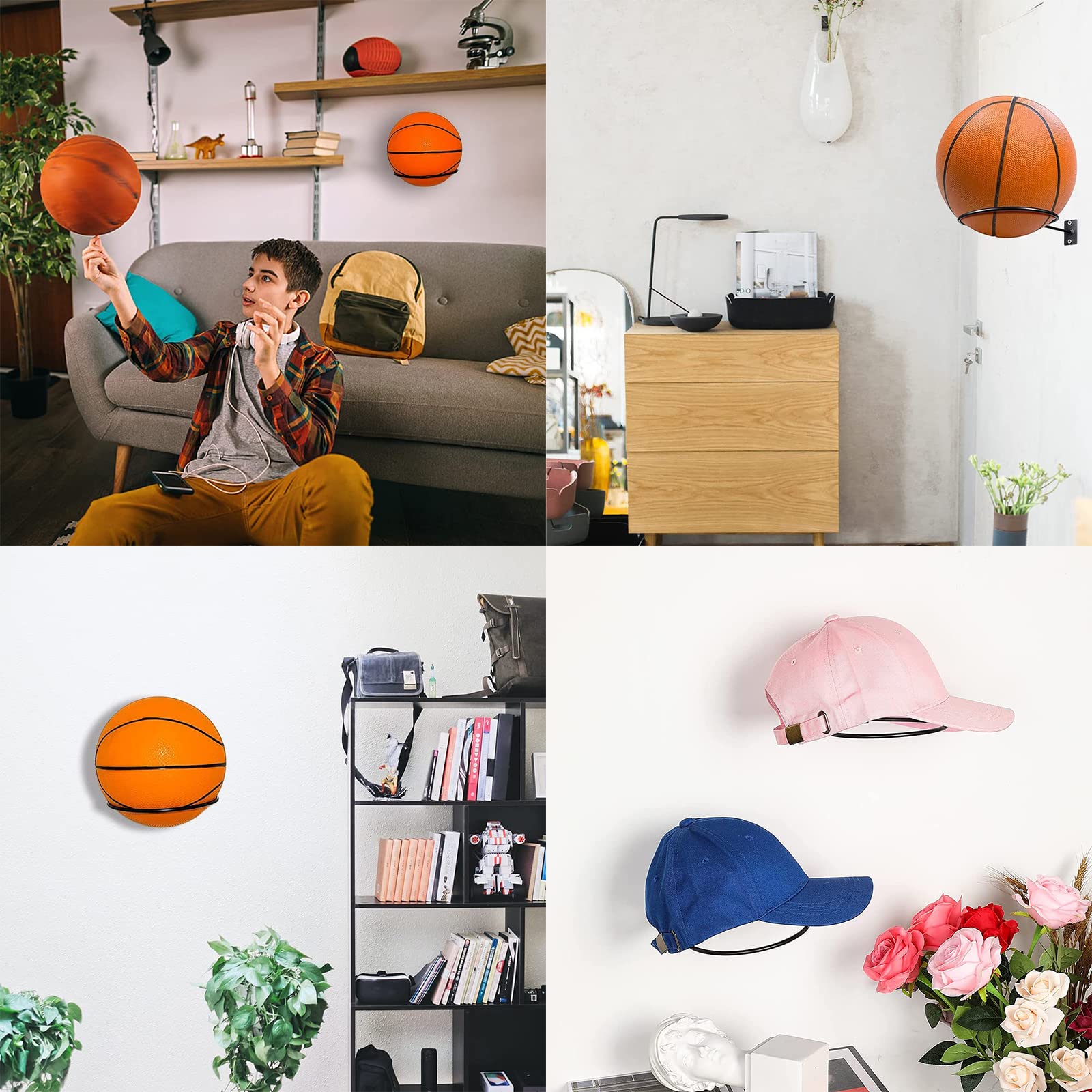 Supporti da Parete per Pallacanestro, Porta Palla da Basket Muro, 8 Pezzi, Nero