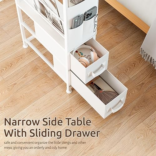Miniatura 6 de Mesas laterales pequeñas y estrechas para espacios pequeños, mesita de noche delgada con cajones y ruedas, soporte de escritorio delgado con bolsa